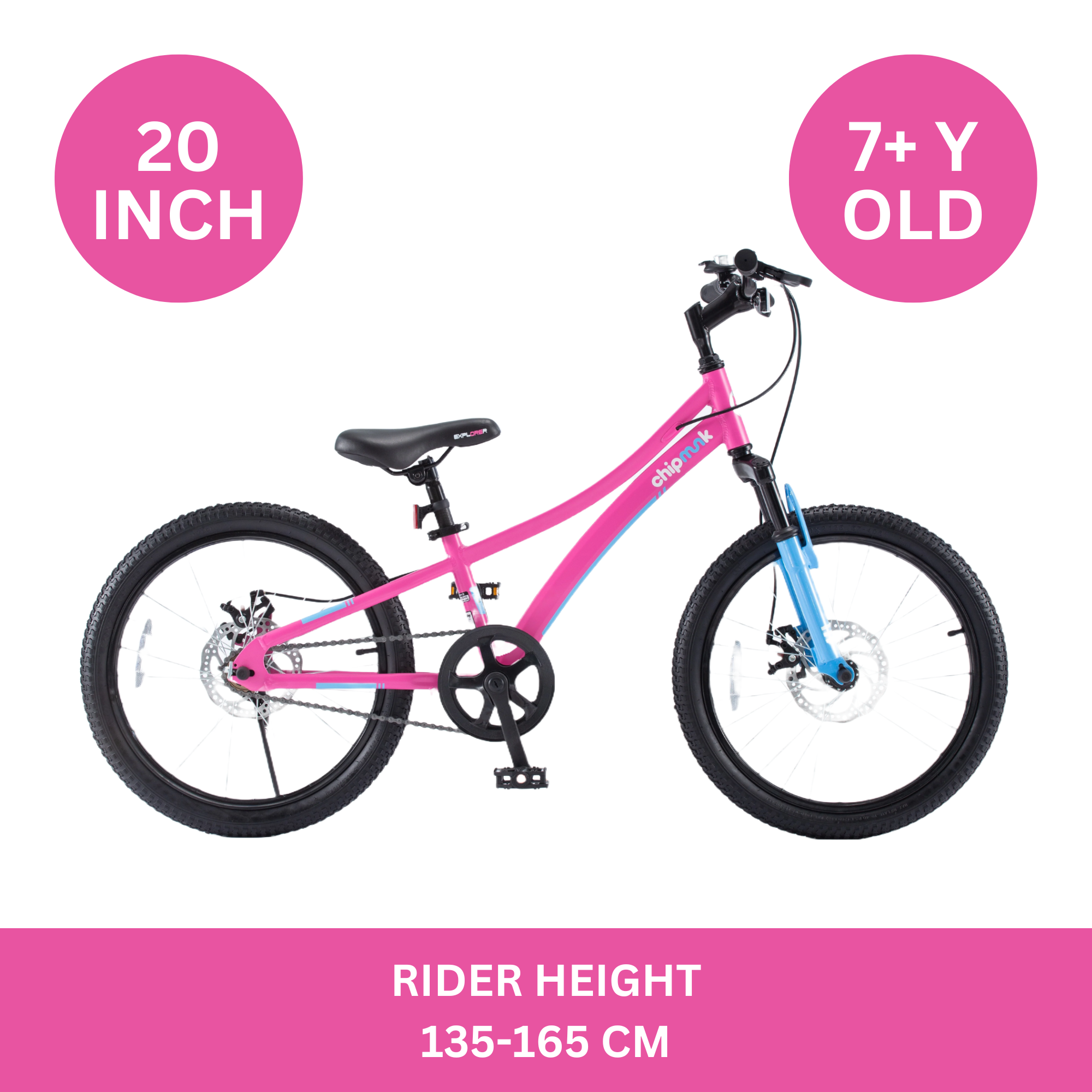 Chipmunk Explorer 20 Inch Bicycle with Lightweight Aluminium Frame, Adjustable Seat and Handle, Front + Rear Brakes, 95% Pre-Assembled Kid's Bikes with Kickstand for Children 8-12 Years Old, Pink