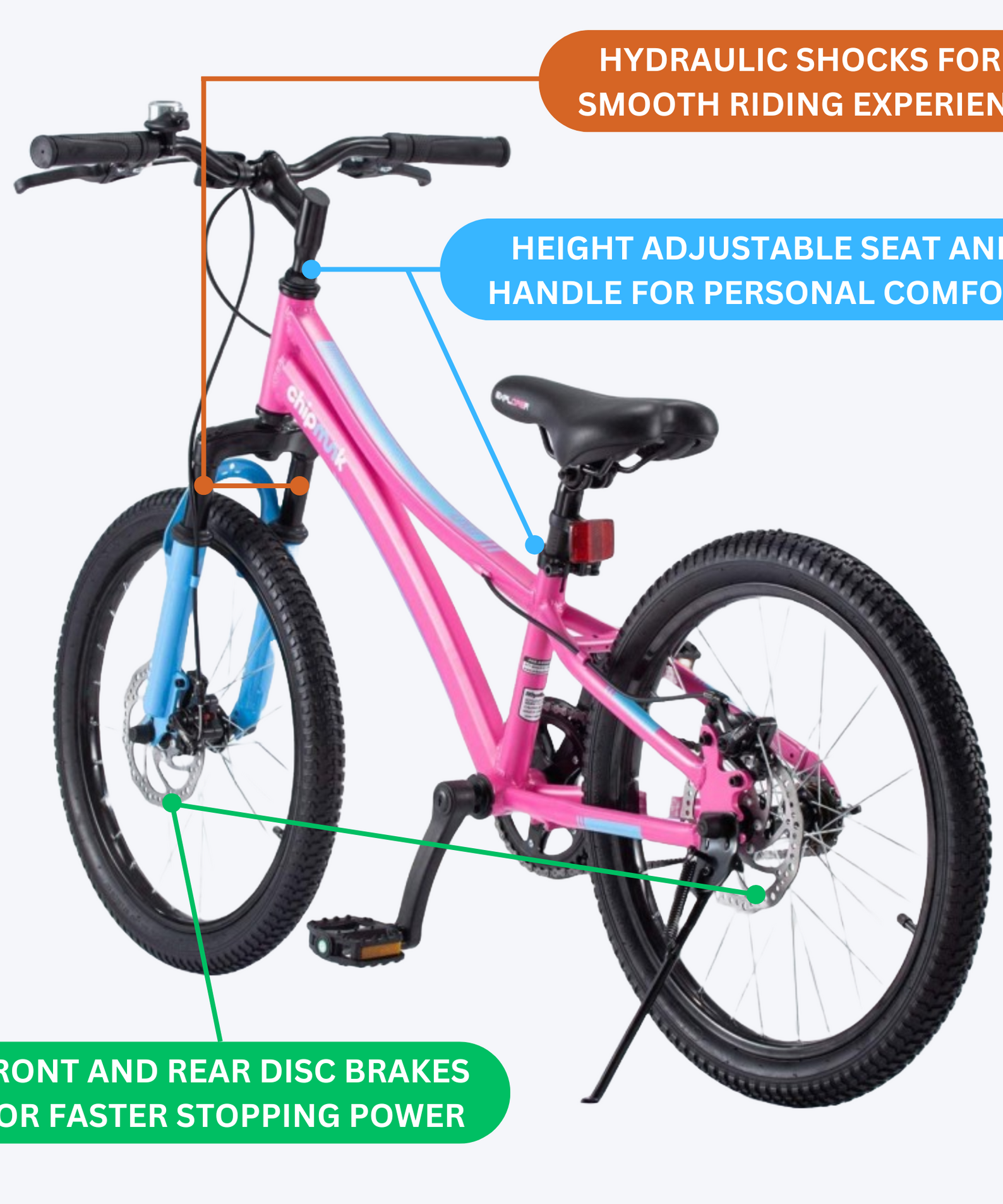 Chipmunk Explorer 20 Inch Bicycle with Lightweight Aluminium Frame, Adjustable Seat and Handle, Front + Rear Brakes, 95% Pre-Assembled Kid's Bikes with Kickstand for Children 8-12 Years Old, Pink