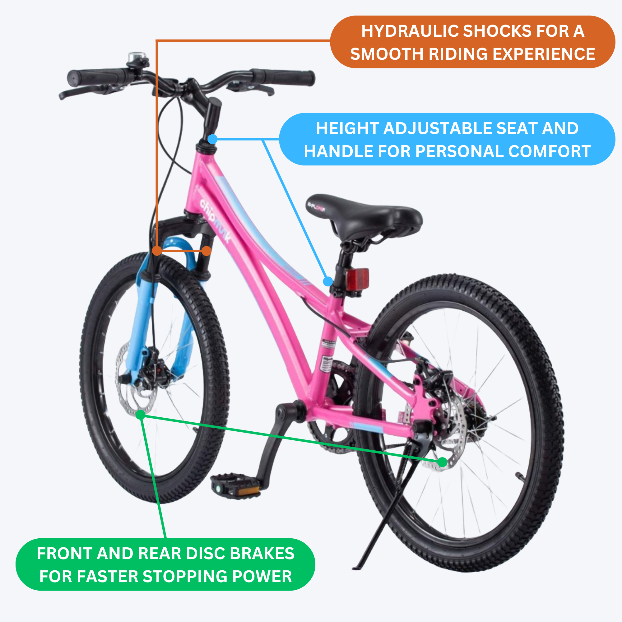 Chipmunk Explorer 20 Inch Bicycle with Lightweight Aluminium Frame, Adjustable Seat and Handle, Front + Rear Brakes, 95% Pre-Assembled Kid's Bikes with Kickstand for Children 8-12 Years Old, Pink