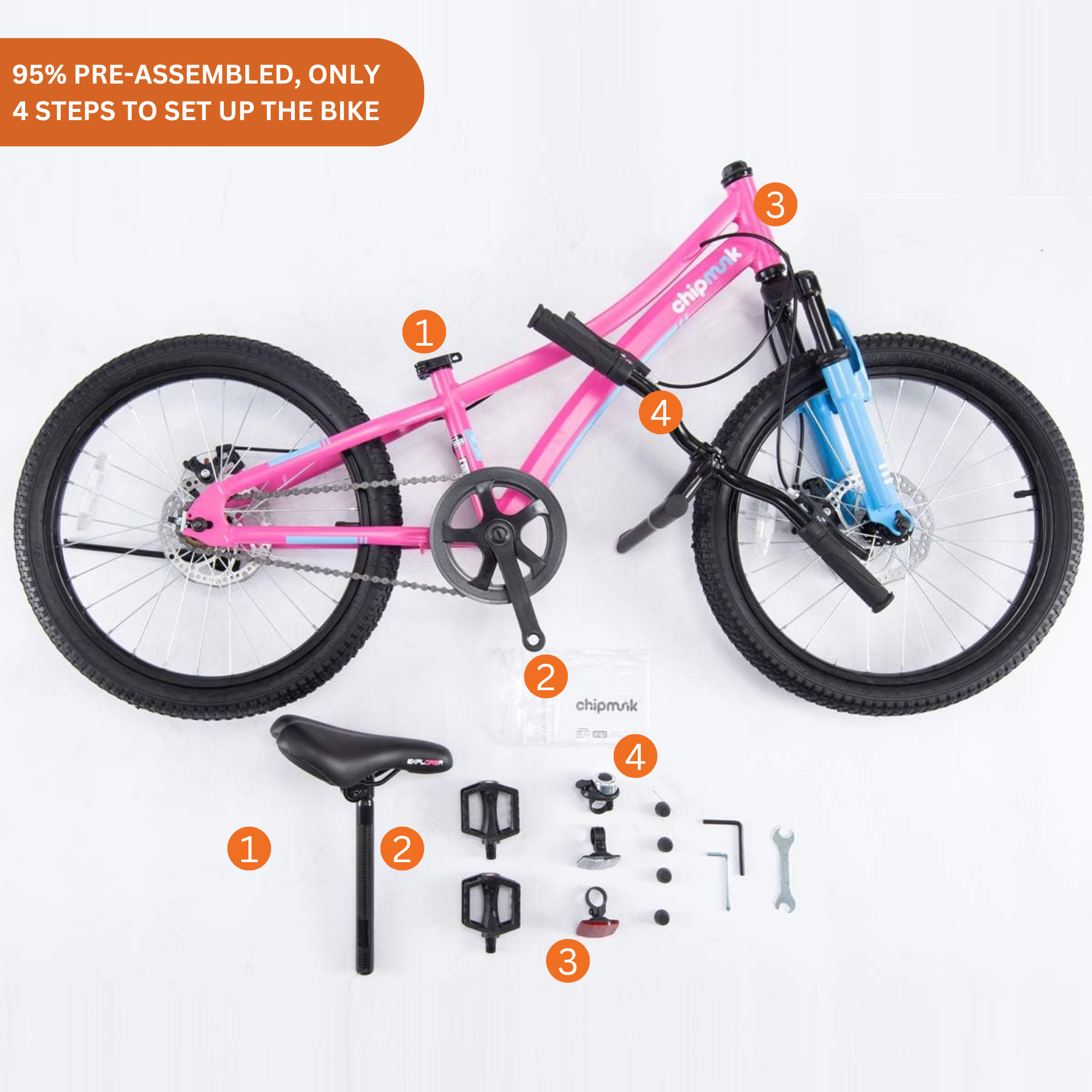 Chipmunk Explorer 20 Inch Bicycle with Lightweight Aluminium Frame, Adjustable Seat and Handle, Front + Rear Brakes, 95% Pre-Assembled Kid's Bikes with Kickstand for Children 8-12 Years Old, Pink