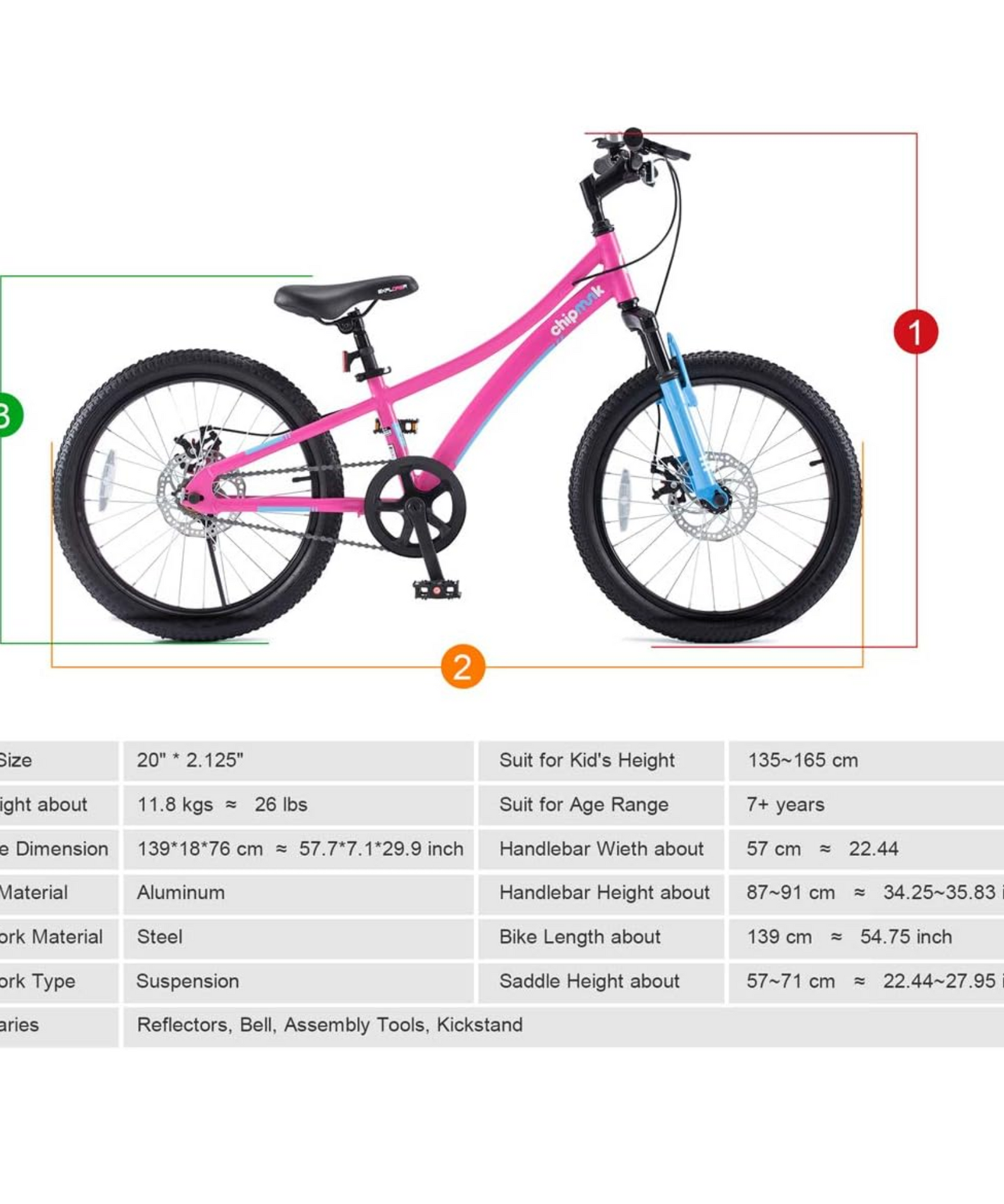 Chipmunk Explorer 20 Inch Bicycle with Lightweight Aluminium Frame, Adjustable Seat and Handle, Front + Rear Brakes, 95% Pre-Assembled Kid's Bikes with Kickstand for Children 8-12 Years Old, Pink