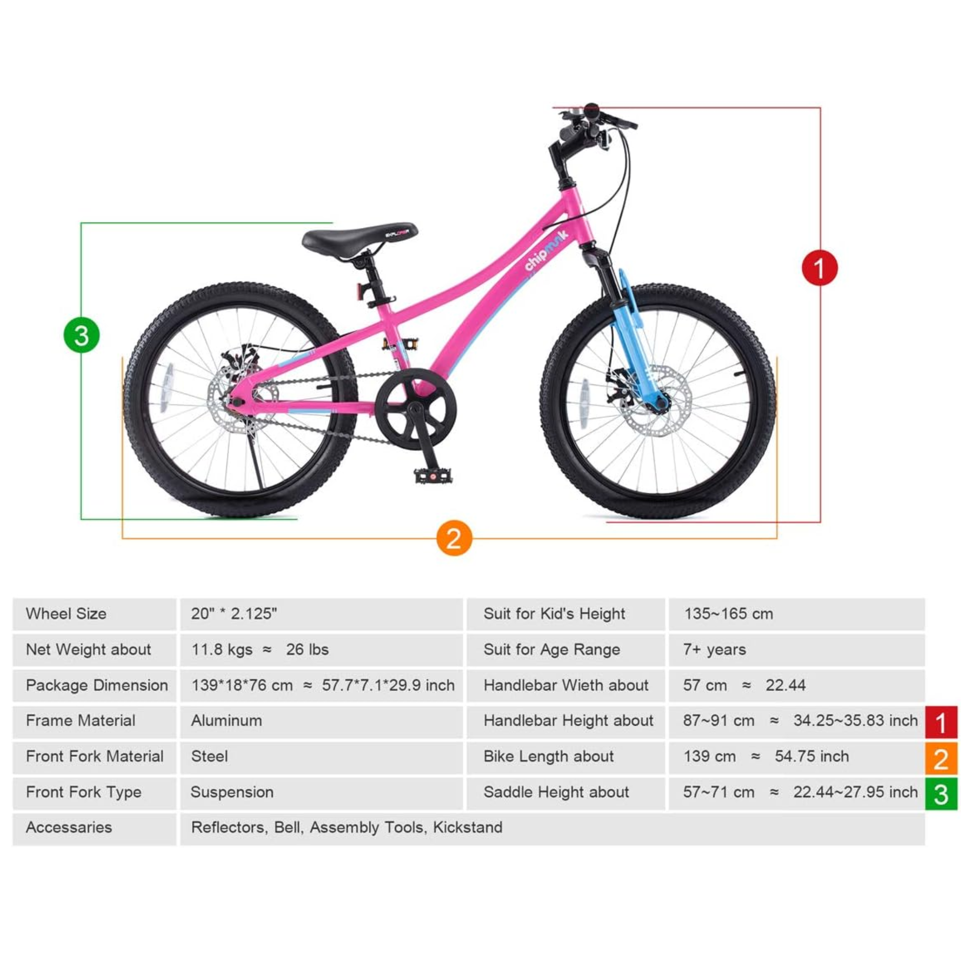 Chipmunk Explorer 20 Inch Bicycle with Lightweight Aluminium Frame, Adjustable Seat and Handle, Front + Rear Brakes, 95% Pre-Assembled Kid's Bikes with Kickstand for Children 8-12 Years Old, Pink