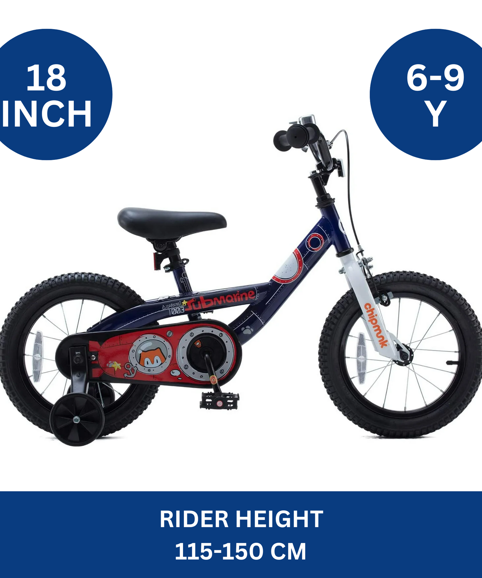 Chipmunk Submarine 18 Inch Bicycle with Lightweight Steel Frame, Adjustable Seat and Handle, Front + Rear Brakes, 95% Pre-Assembled Kid's Bikes with Training Wheels for Children 6-9 Years Old, Navy