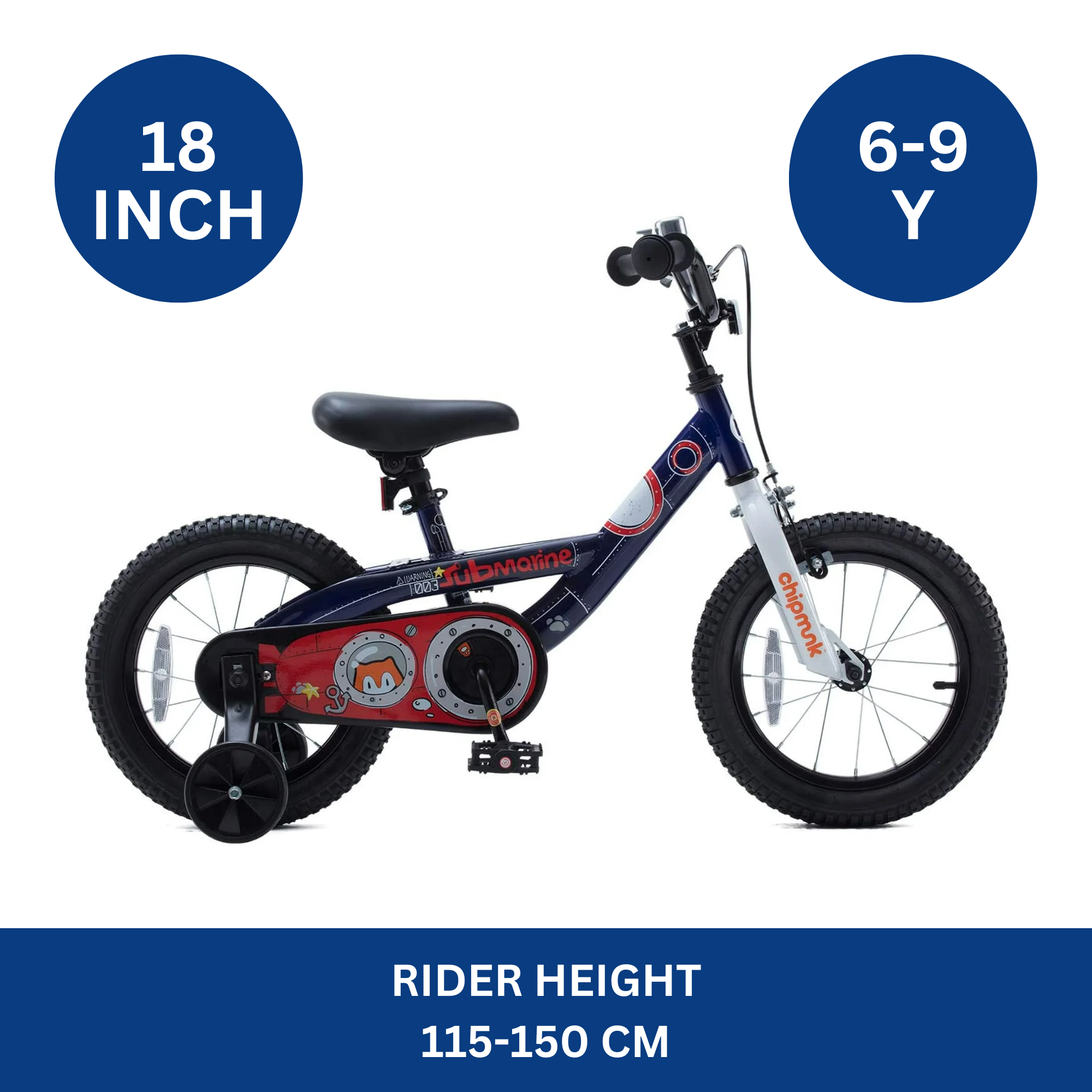 Chipmunk Submarine 18 Inch Bicycle with Lightweight Steel Frame, Adjustable Seat and Handle, Front + Rear Brakes, 95% Pre-Assembled Kid's Bikes with Training Wheels for Children 6-9 Years Old, Navy