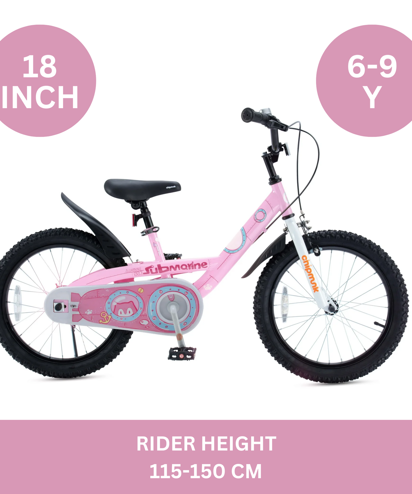 Chipmunk Submarine 18 Inch Bicycle with Lightweight Steel Frame, Adjustable Seat and Handle, Front + Rear Brakes, 95% Pre-Assembled Kid's Bikes with Training Wheels for Children 6-9 Years Old, Pink