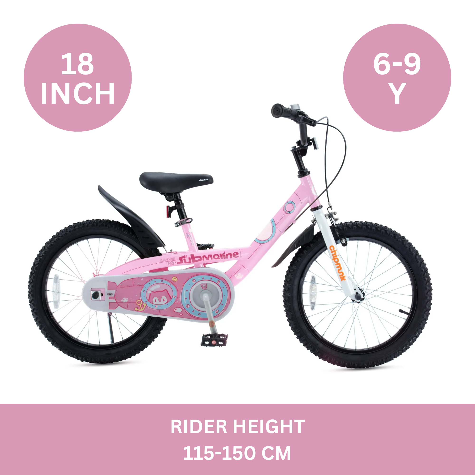 Chipmunk Submarine 18 Inch Bicycle with Lightweight Steel Frame, Adjustable Seat and Handle, Front + Rear Brakes, 95% Pre-Assembled Kid's Bikes with Training Wheels for Children 6-9 Years Old, Pink