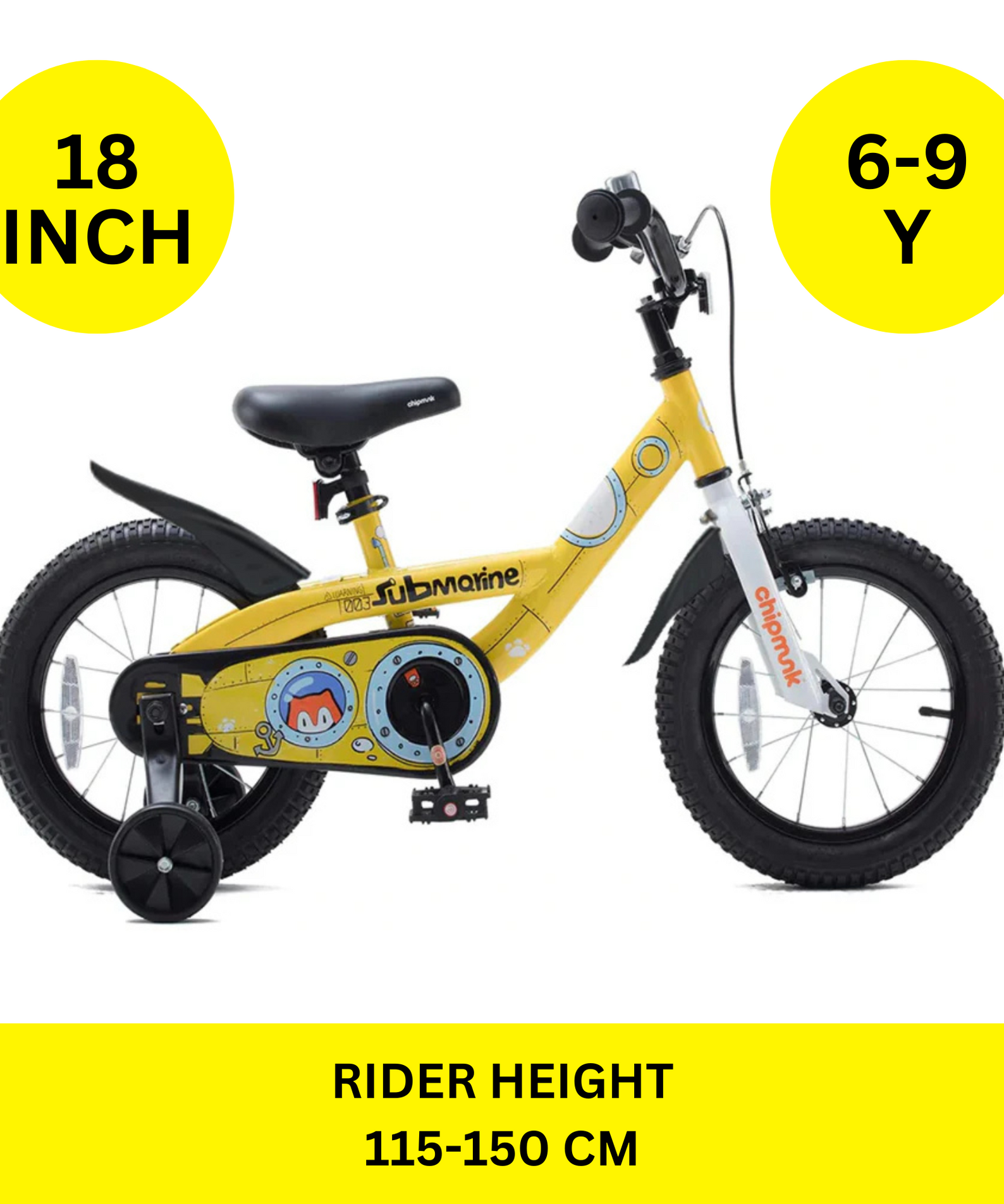 Chipmunk Submarine 18 Inch Bicycle with Lightweight Steel Frame, Adjustable Seat and Handle, Front + Rear Brakes, 95% Pre-Assembled Kid's Bikes with Training Wheels for Children 6-9 Years Old, Yellow