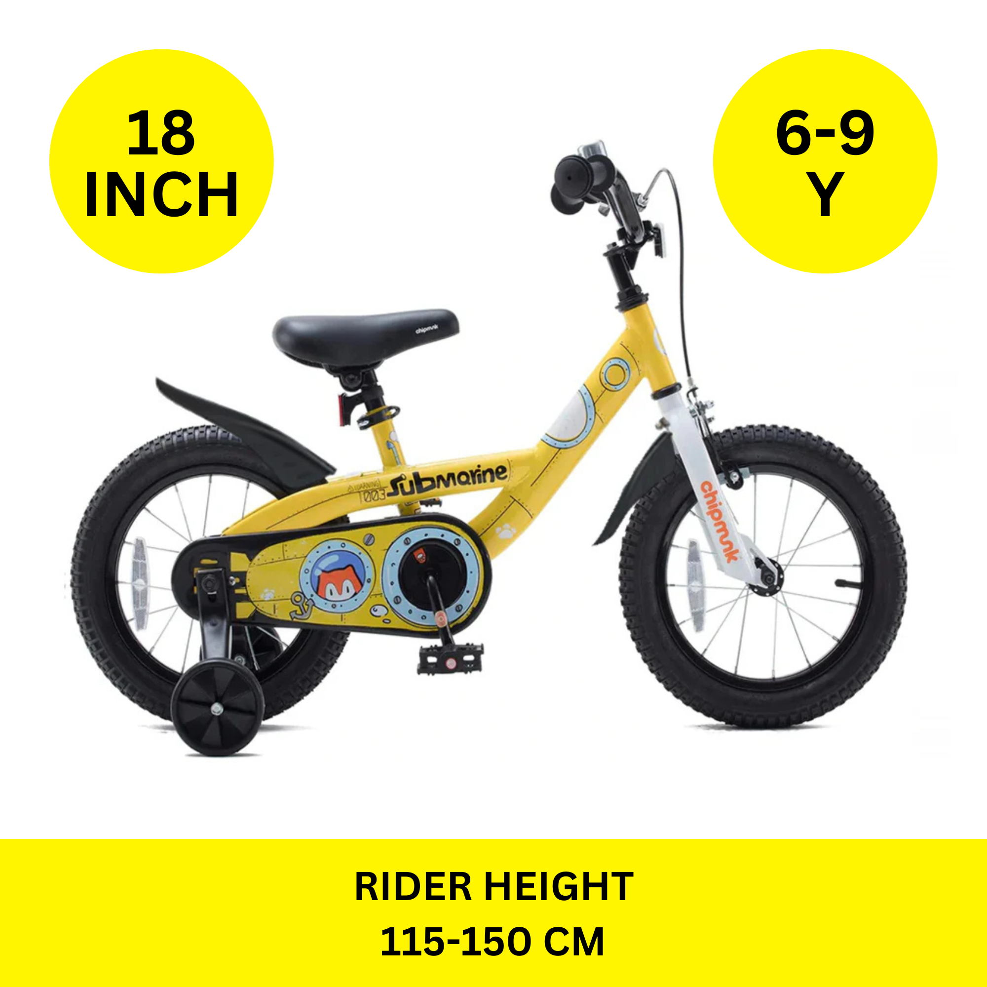 Chipmunk Submarine 18 Inch Bicycle with Lightweight Steel Frame, Adjustable Seat and Handle, Front + Rear Brakes, 95% Pre-Assembled Kid's Bikes with Training Wheels for Children 6-9 Years Old, Yellow