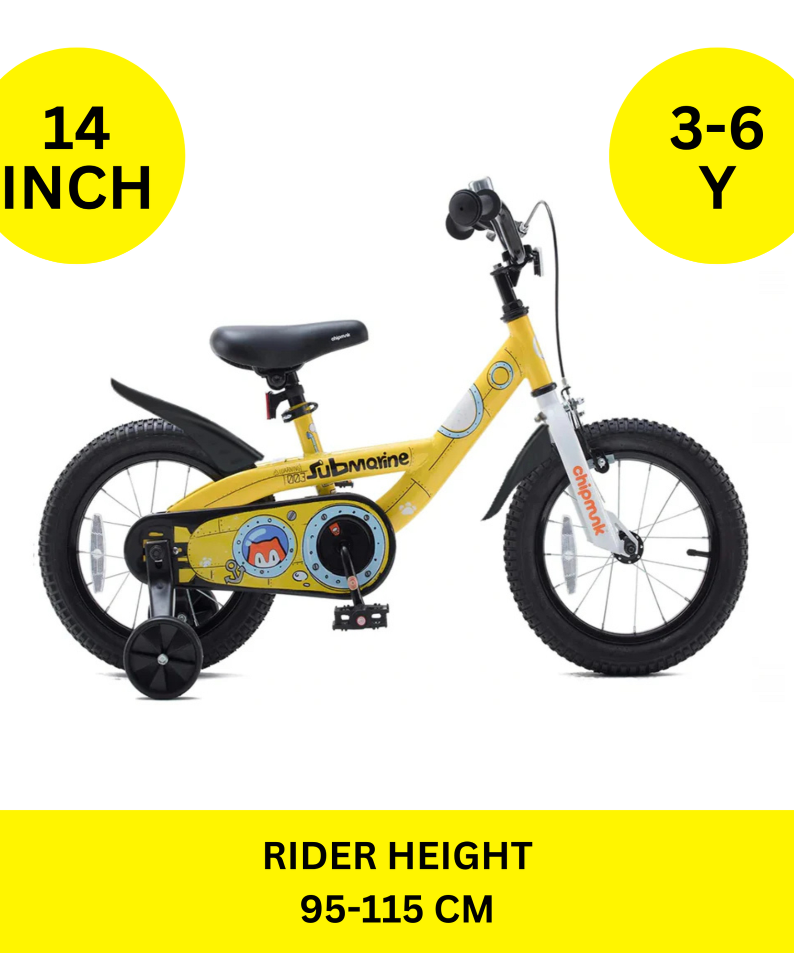 Chipmunk Submarine 14 Inch Bicycle with Lightweight Steel Frame, Adjustable Seat and Handle, Front + Rear Brakes, 95% Pre-Assembled Kid's Bikes with Training Wheels for Children 3-6 Years Old, Yellow