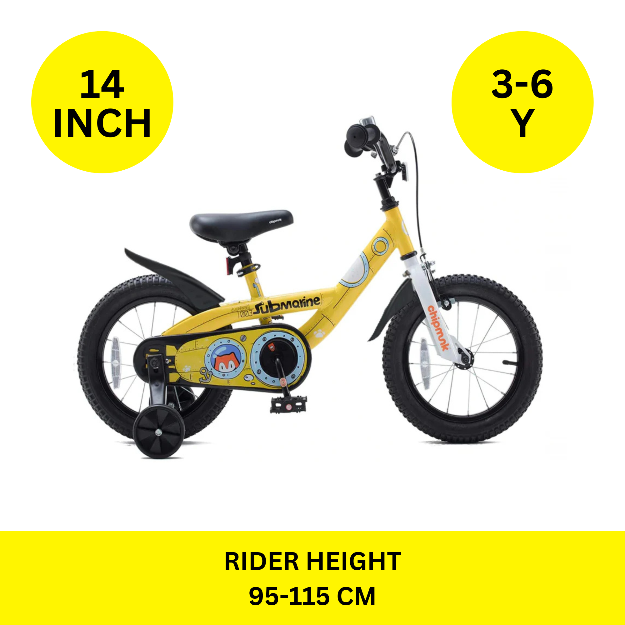 Chipmunk Submarine 14 Inch Bicycle with Lightweight Steel Frame, Adjustable Seat and Handle, Front + Rear Brakes, 95% Pre-Assembled Kid's Bikes with Training Wheels for Children 3-6 Years Old, Yellow