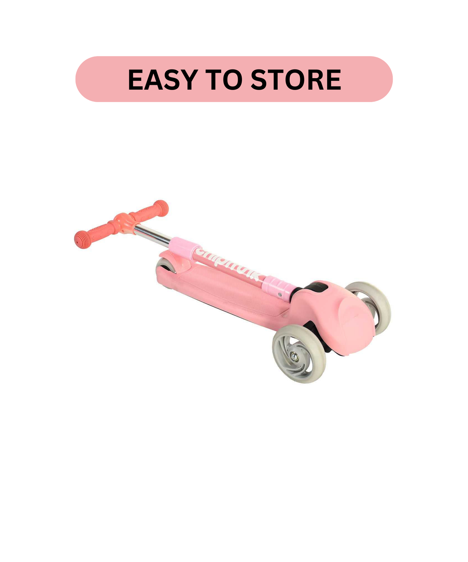 Chipmunk Folding Kids Scooter with Height Adjustable Handle, 3 Wheel Stable Design with Lightweight Plastic Frame and Rear Brakes, Suitable for Boys and Girls 3+ Years Old, Pink