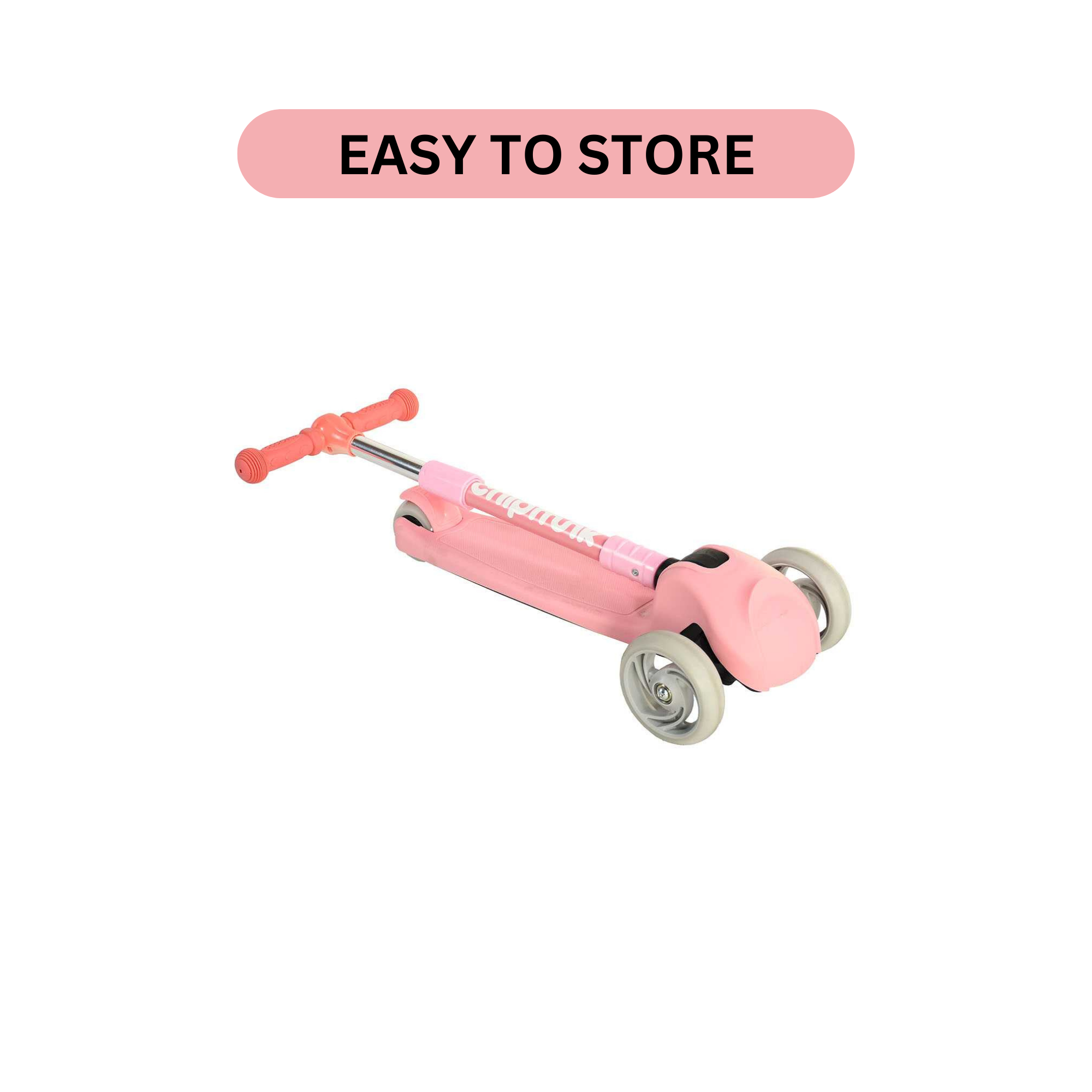 Chipmunk Folding Kids Scooter with Height Adjustable Handle, 3 Wheel Stable Design with Lightweight Plastic Frame and Rear Brakes, Suitable for Boys and Girls 3+ Years Old, Pink