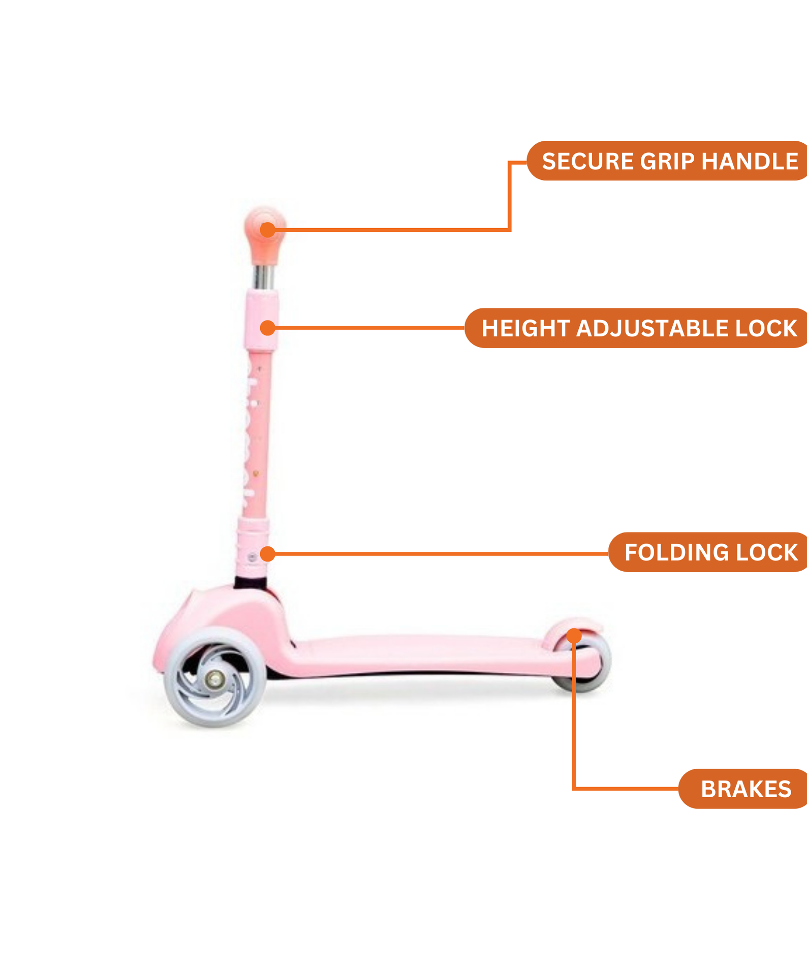 Chipmunk Folding Kids Scooter with Height Adjustable Handle, 3 Wheel Stable Design with Lightweight Plastic Frame and Rear Brakes, Suitable for Boys and Girls 3+ Years Old, Pink