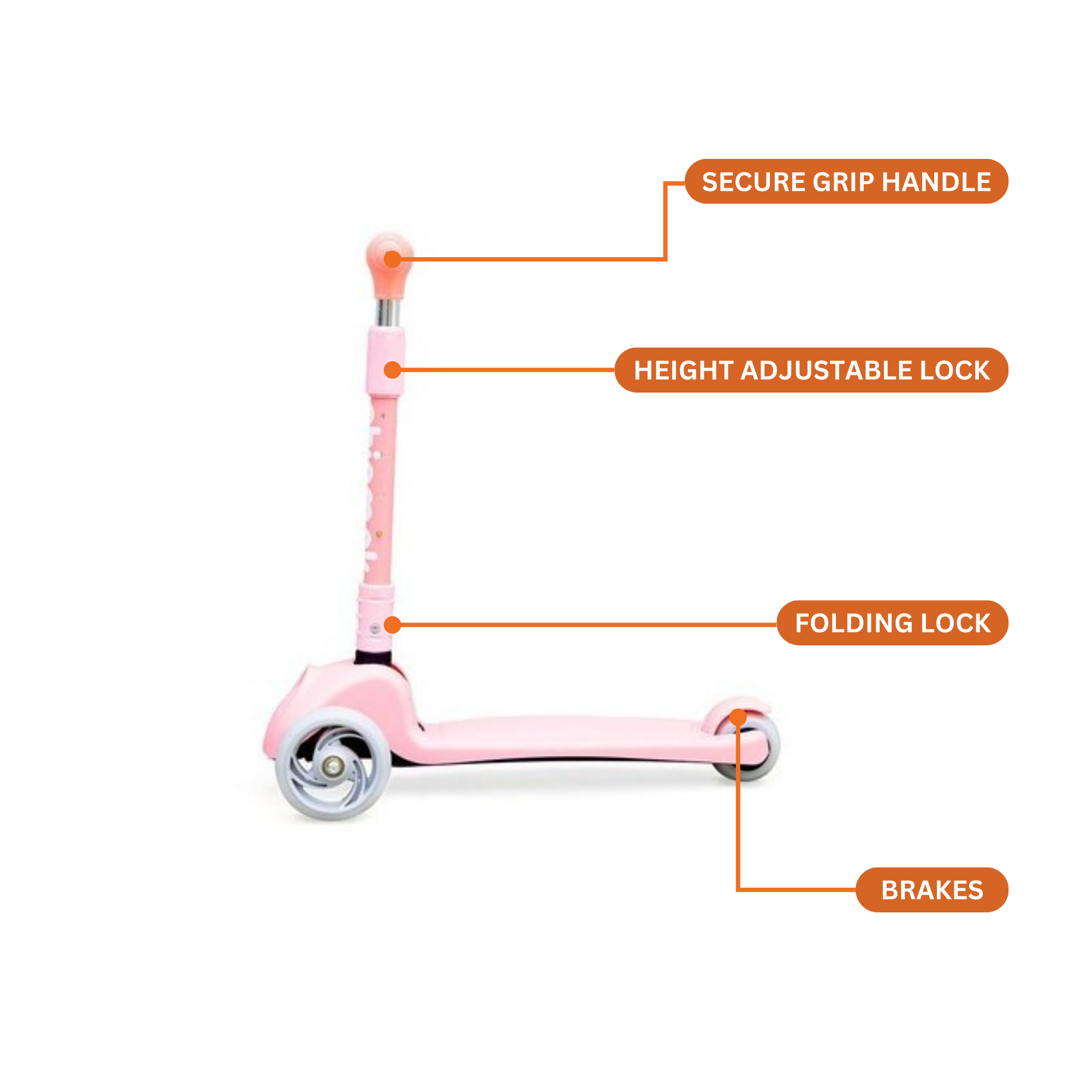 Chipmunk Folding Kids Scooter with Height Adjustable Handle, 3 Wheel Stable Design with Lightweight Plastic Frame and Rear Brakes, Suitable for Boys and Girls 3+ Years Old, Pink