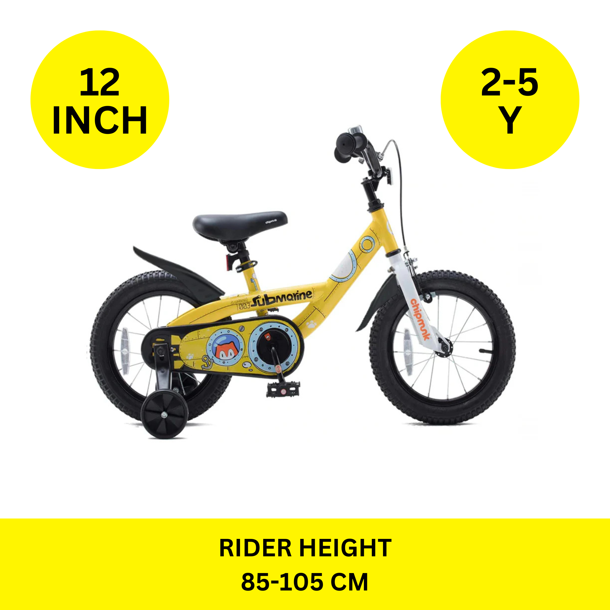 Chipmunk Submarine 12 Inch Bicycle with Lightweight Steel Frame, Adjustable Seat and Handle, Front + Rear Brakes, 95% Pre-Assembled Kid's Bikes with Training Wheels for Children 2-5 Years Old, Yellow