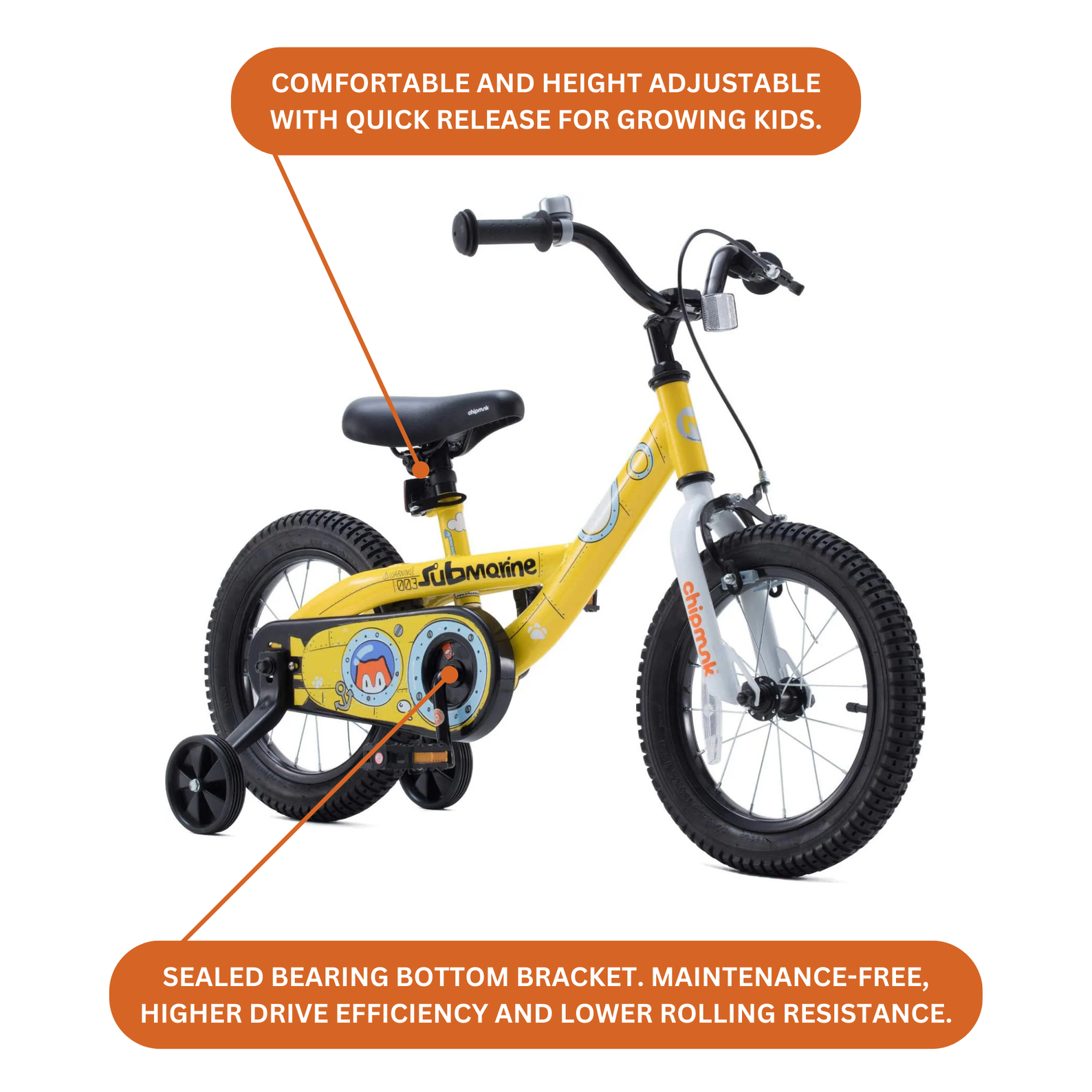Chipmunk Submarine 12 Inch Bicycle with Lightweight Steel Frame, Adjustable Seat and Handle, Front + Rear Brakes, 95% Pre-Assembled Kid's Bikes with Training Wheels for Children 2-5 Years Old, Yellow