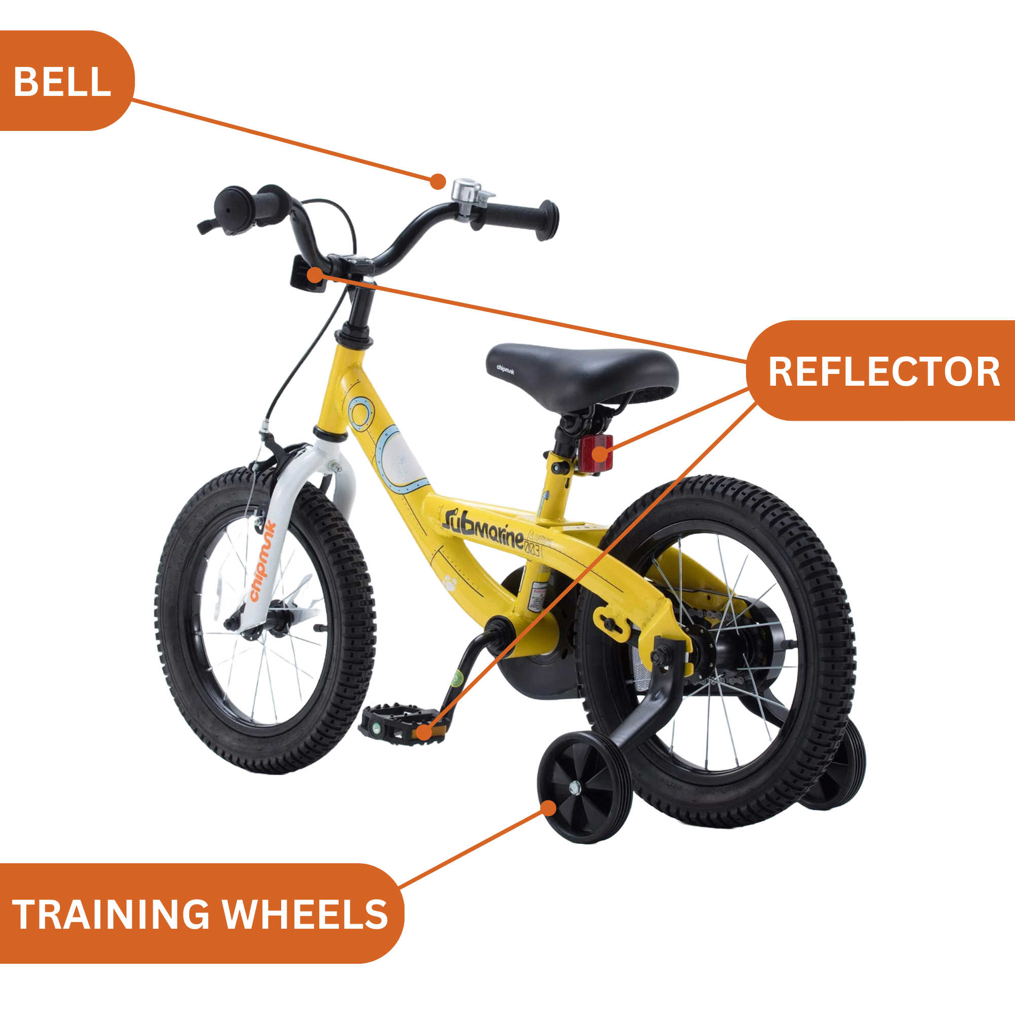 Chipmunk Submarine 14 Inch Bicycle with Lightweight Steel Frame, Adjustable Seat and Handle, Front + Rear Brakes, 95% Pre-Assembled Kid's Bikes with Training Wheels for Children 3-6 Years Old, Yellow