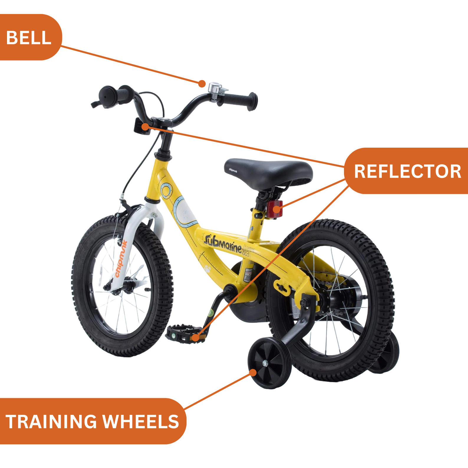 Chipmunk Submarine 16 Inch Bicycle with Lightweight Steel Frame, Adjustable Seat and Handle, Front + Rear Brakes, 95% Pre-Assembled Kid's Bikes with Training Wheels for Children 4-7 Years Old, Yellow