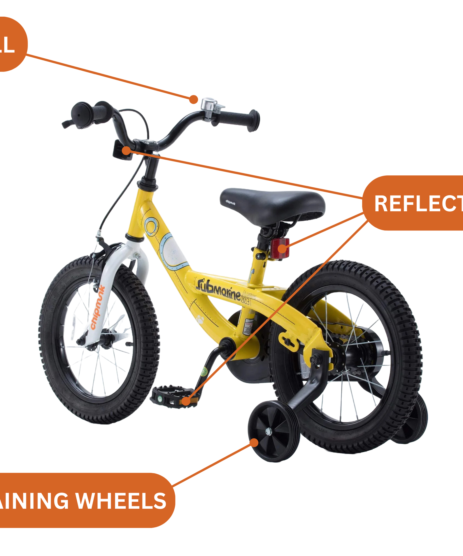Chipmunk Submarine 12 Inch Bicycle with Lightweight Steel Frame, Adjustable Seat and Handle, Front + Rear Brakes, 95% Pre-Assembled Kid's Bikes with Training Wheels for Children 2-5 Years Old, Yellow