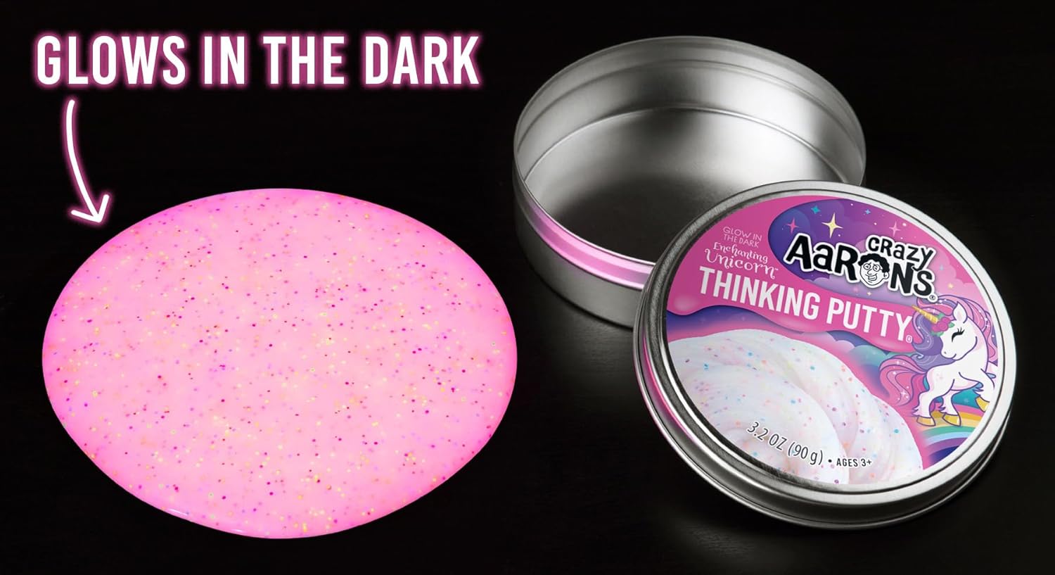 Crazy Aaron's Glow In The Dark Enchanting Unicorn Thinking Putty, 4" Tin with 90g of Non-Toxic Sensory Play Putty which Never Dries Out, Soft Textured Creative Fidget Toy for Boys and Girls Ages 3Y+