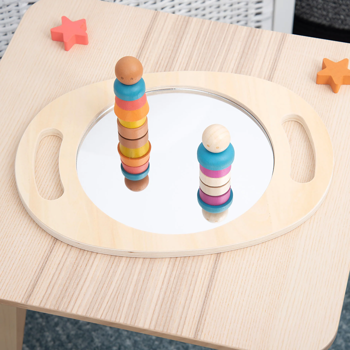 tickit Hand Held Wooden Mirror – A lightweight, easy-to-hold wooden framed mirror designed for hands-on sensory play, self-observation, role play, and learning.