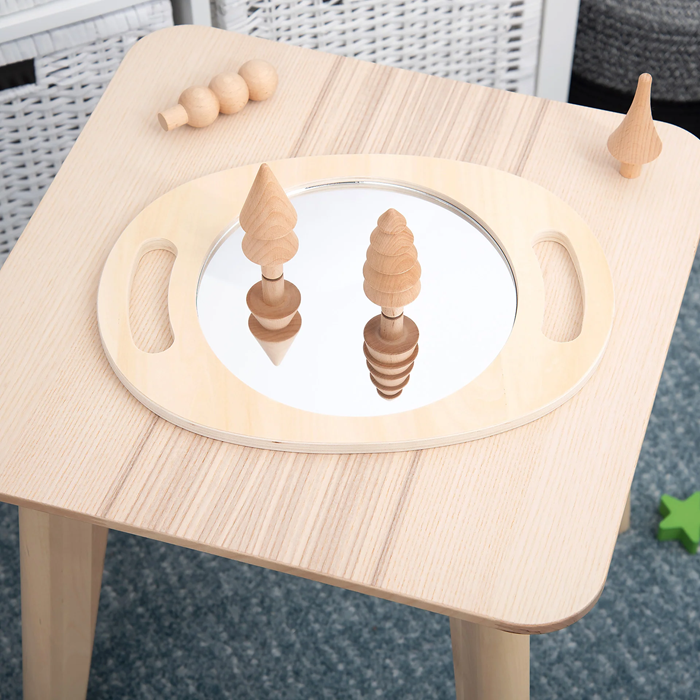 tickit Hand Held Wooden Mirror – A lightweight, easy-to-hold wooden framed mirror designed for hands-on sensory play, self-observation, role play, and learning.