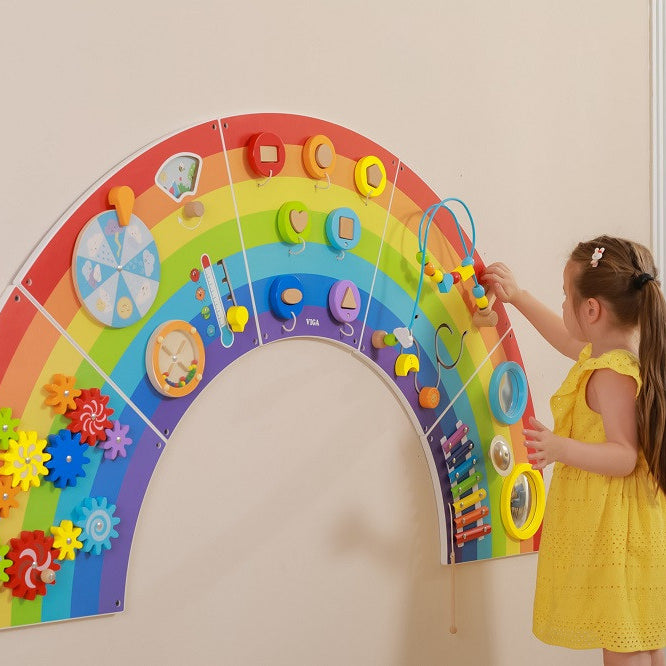VIGA Rainbow Wall Activity Panel, Montessori Sensory Busy Board with Gears, Xylophone, Mirrors & More, Builds Motor Skills, Logic & Social Play, Eco-Friendly & Non-Toxic, for Boys & Girls Ages 18M+