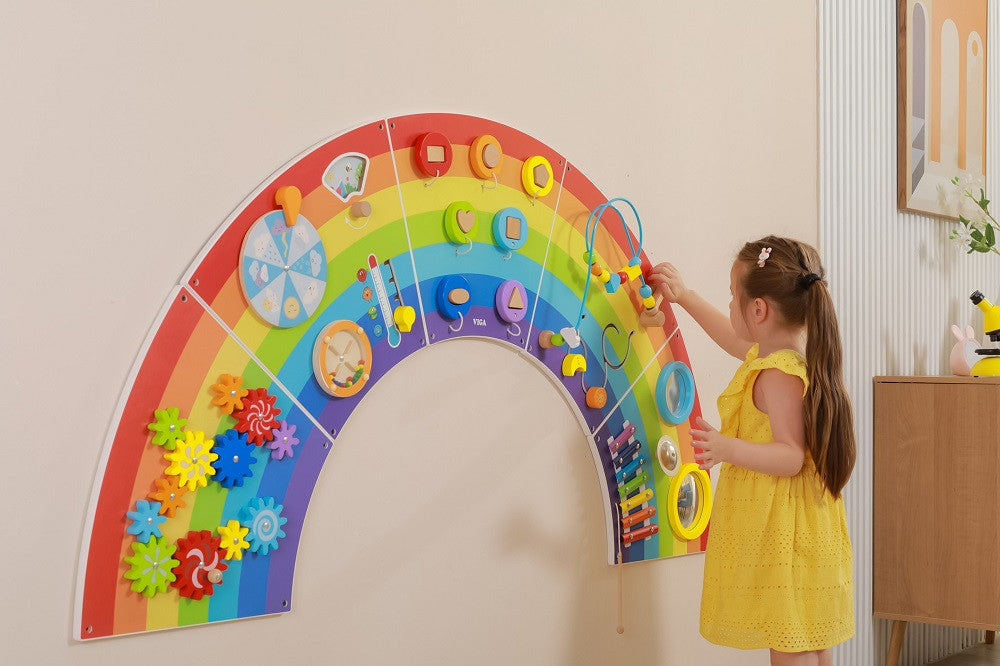 VIGA Rainbow Wall Activity Panel, Montessori Sensory Busy Board with Gears, Xylophone, Mirrors & More, Builds Motor Skills, Logic & Social Play, Eco-Friendly & Non-Toxic, for Boys & Girls Ages 18M+