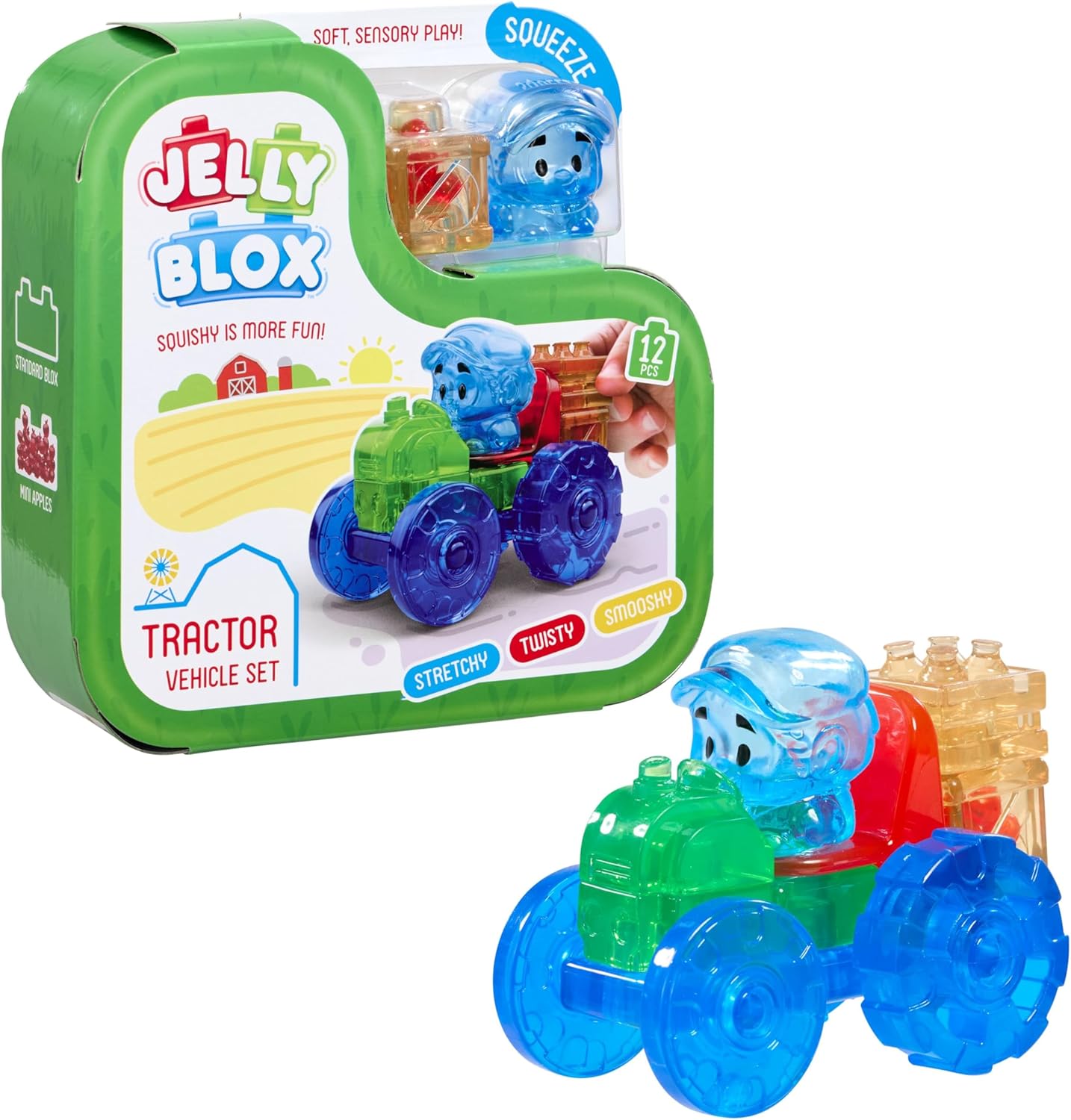 Goliath Jelly Blox Tractor Set, 12 Piece Toddler & Preschool Building Blocks, Ouch-Free Tactile & Sensory Play Fidget Toy, Stackable, Squishable & Stretchable Blocks Suitable for Boys & Girls Aged 2+