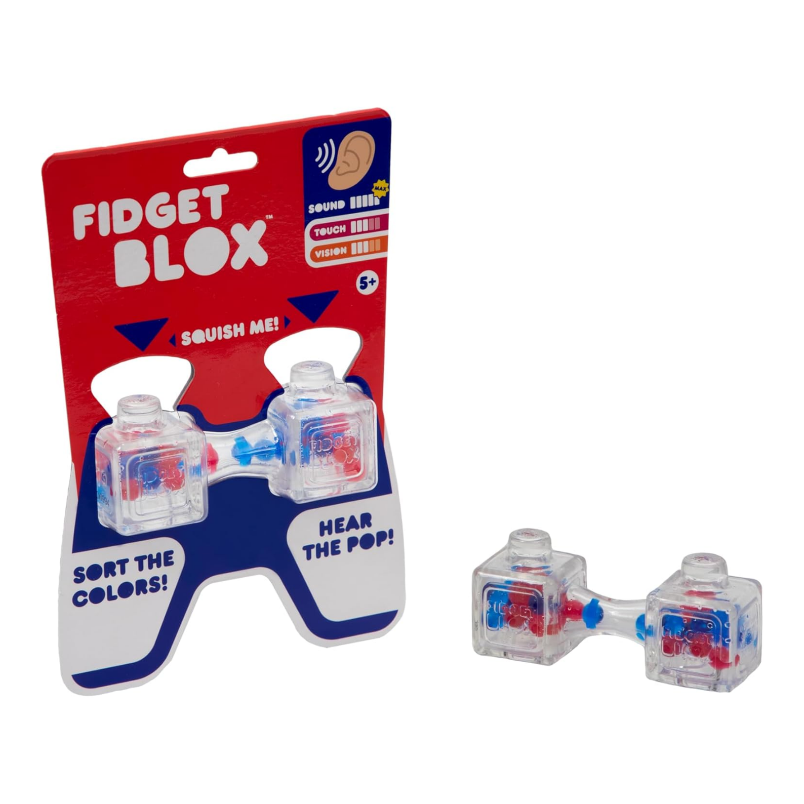 Goliath Fidget Blox, Sound Focused Sensory Squeeze & Play Ball Sorting Fidget Toy, Anxiety & Stress Relief Calming Therapy Desk Toy for Adults and Children, Red & Blue Beads