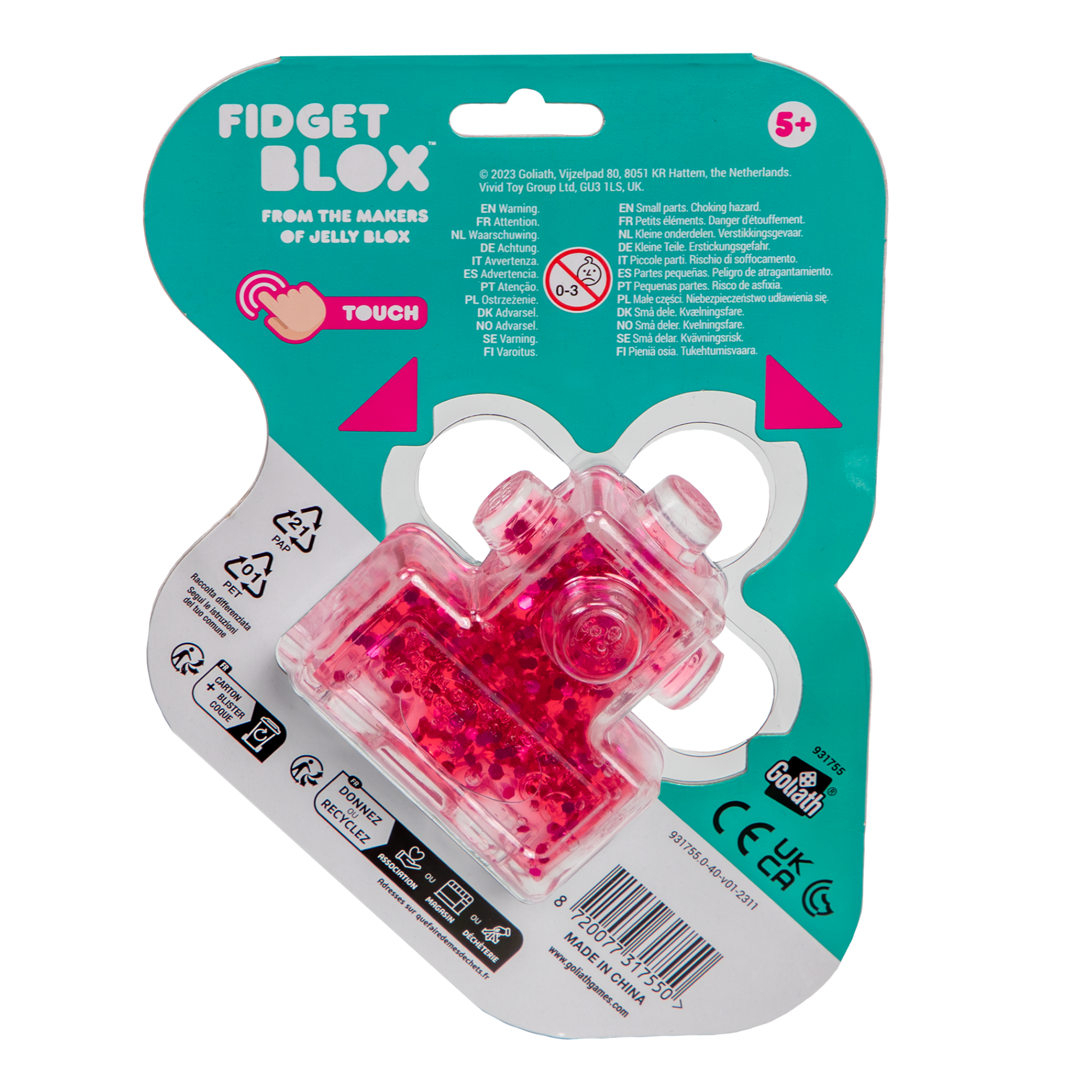 Goliath Fidget Blox, Touch Focused Sensory Squeeze & Play Fidget Toy, Push and Smush Anxiety & Stress Relief Calming Therapy Desk Toy for Adults and Children, Red and Pink