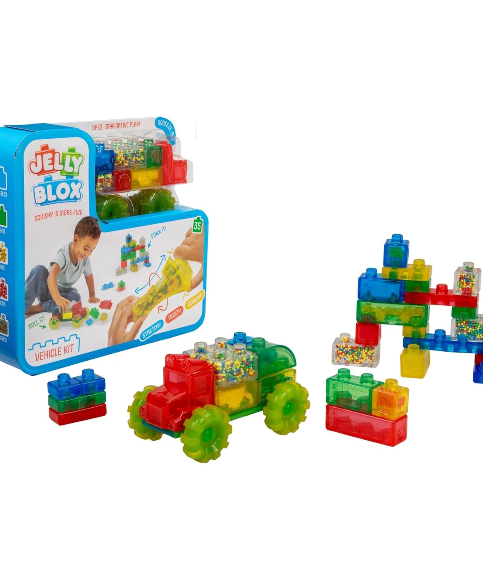 Goliath Jelly Blox Vrooom! Truck Kit, 35 Piece Toddler & Preschool Building Blocks, Ouch-Free Tactile & Sensory Play Fidget Toy, Stackable, Squishable & Stretchable Blocks for Boys & Girls Aged 2+