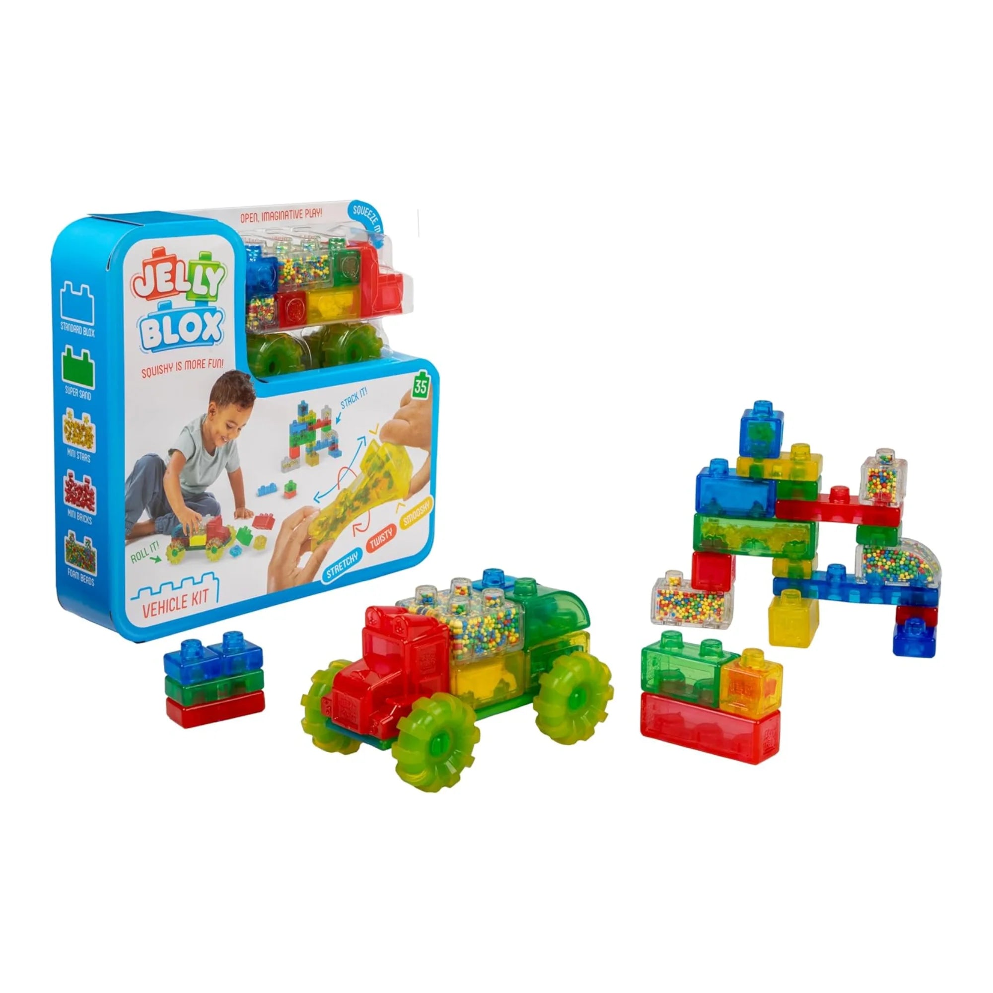 Goliath Jelly Blox Vrooom! Truck Kit, 35 Piece Toddler & Preschool Building Blocks, Ouch-Free Tactile & Sensory Play Fidget Toy, Stackable, Squishable & Stretchable Blocks for Boys & Girls Aged 2+