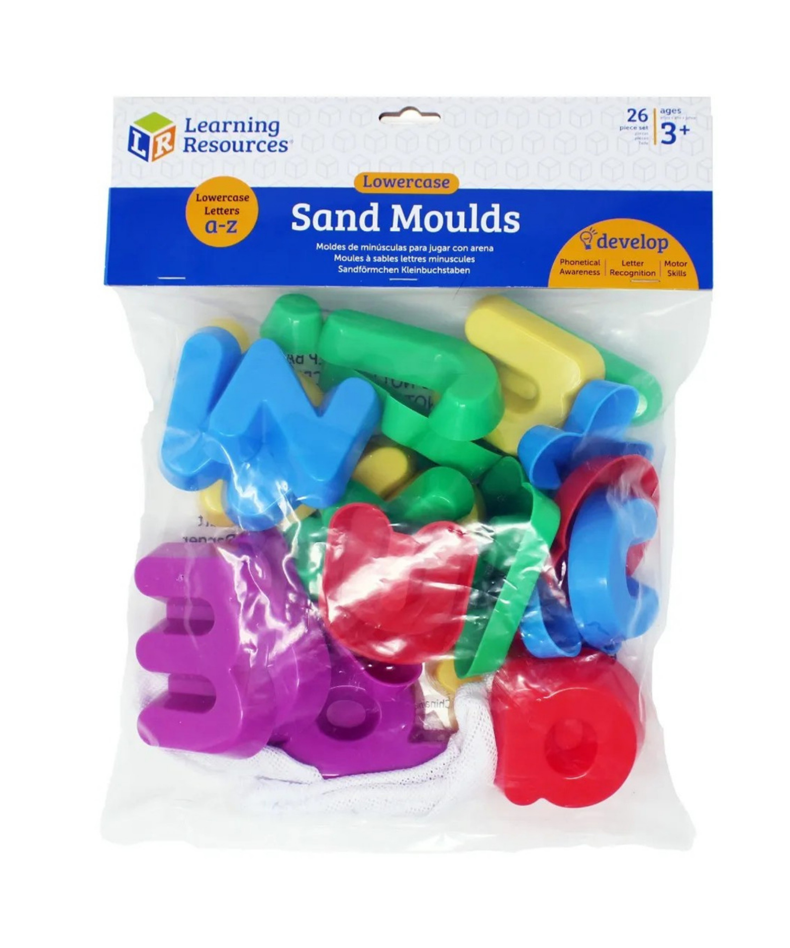 Learning Resources Sand Moulds, Lowercase Alphabet, Set of 26, Early Literacy & Fine Motor Skills Toy, Tactile Learning, Includes Mesh Storage Bag, Ages 3+