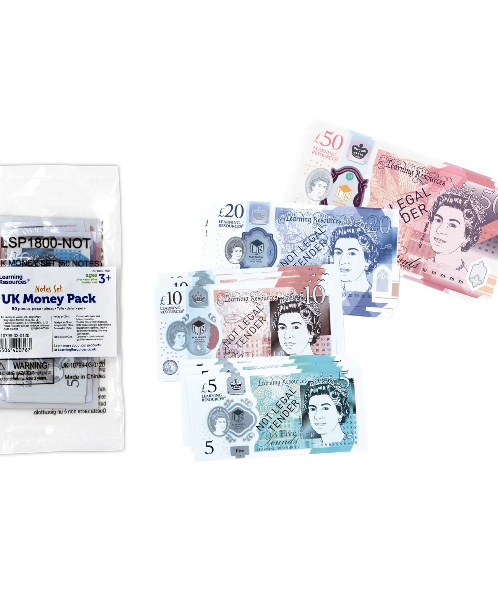 Learning Resources UK Money Set, 50 Single-Sided Play Notes Approved by HM Treasury, Realistic Educational Toy Currency, Ages 3+