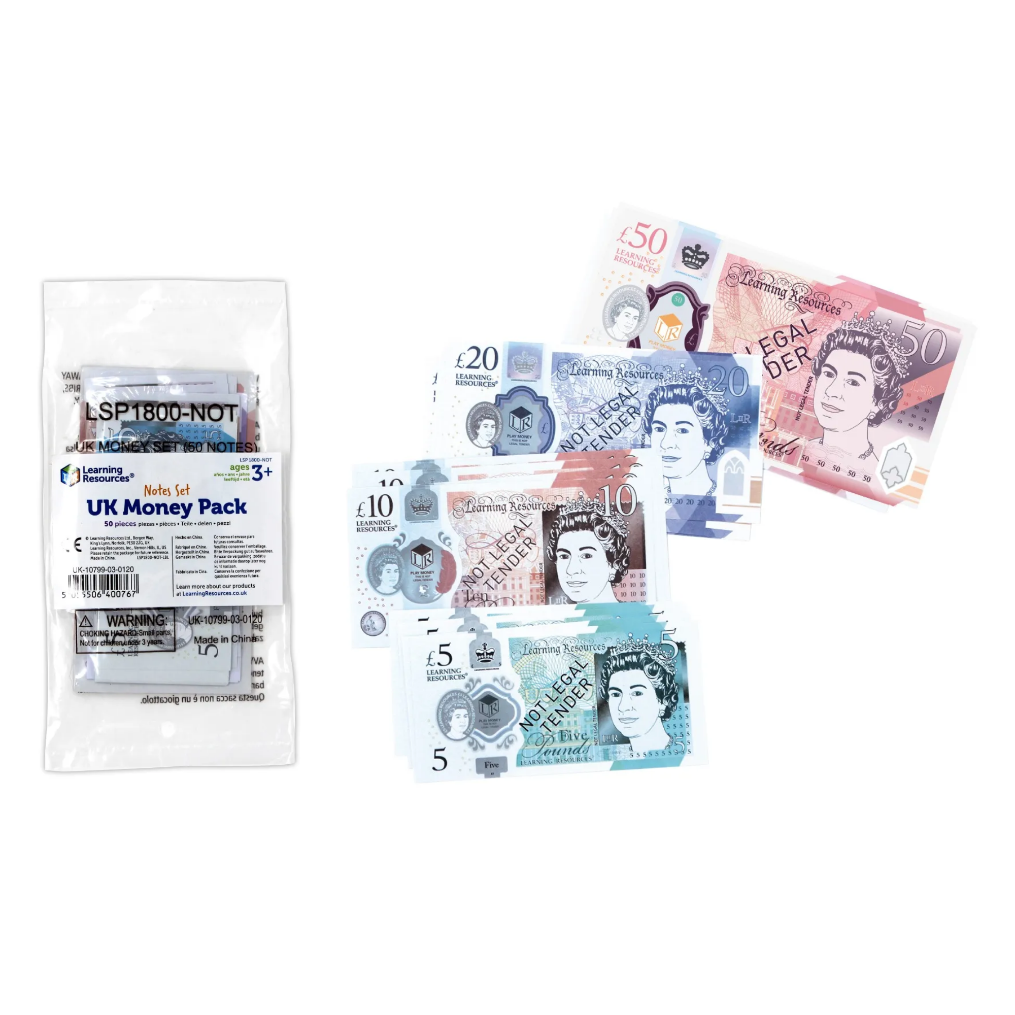 Learning Resources UK Money Set, 50 Single-Sided Play Notes Approved by HM Treasury, Realistic Educational Toy Currency, Ages 3+