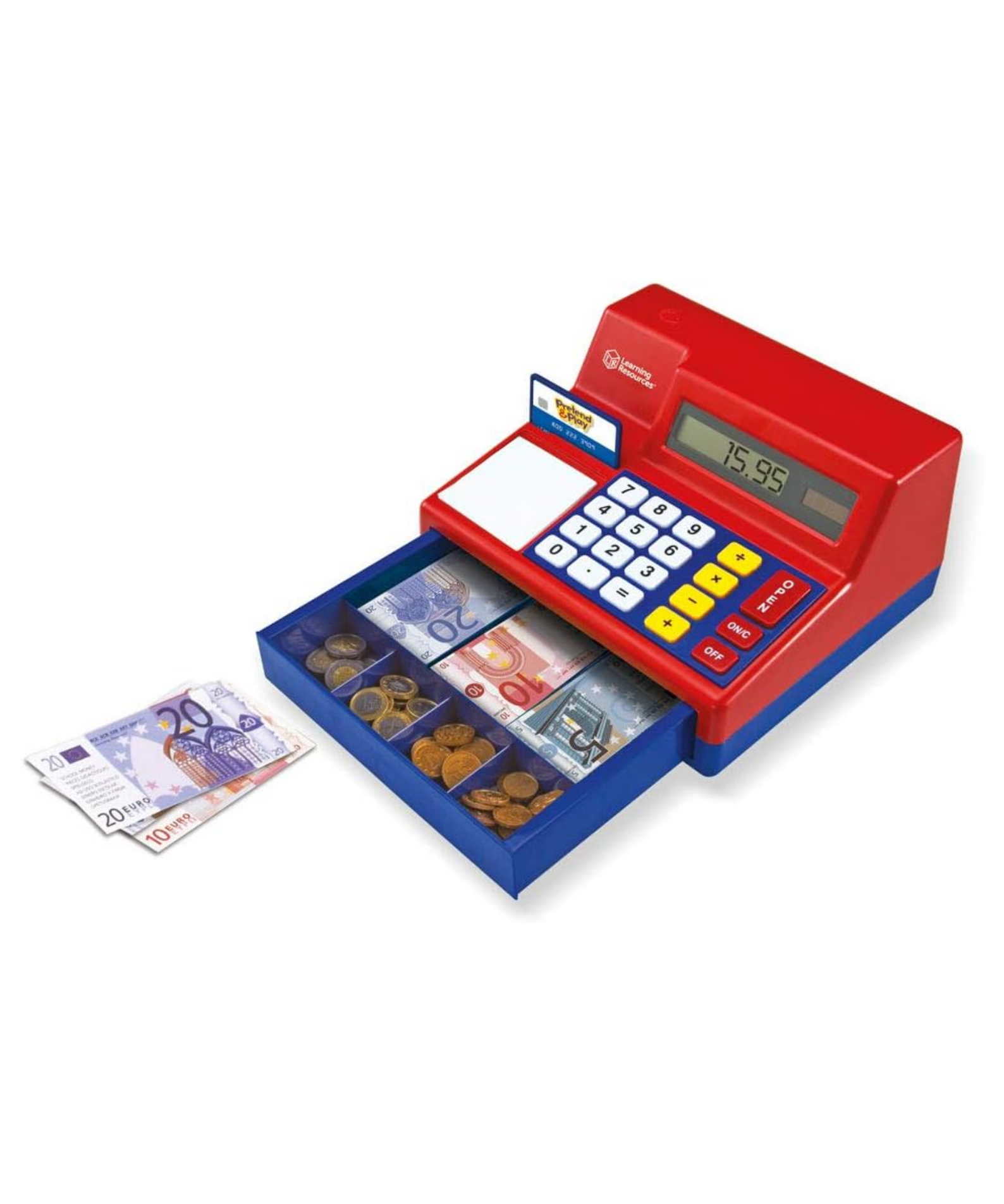 Learning Resources Pretend & Play Calculator Cash Register with Euro Money, Realistic Play Set with Solar-Powered Calculator, Includes Play Money & Activity Guide, For Ages 3+