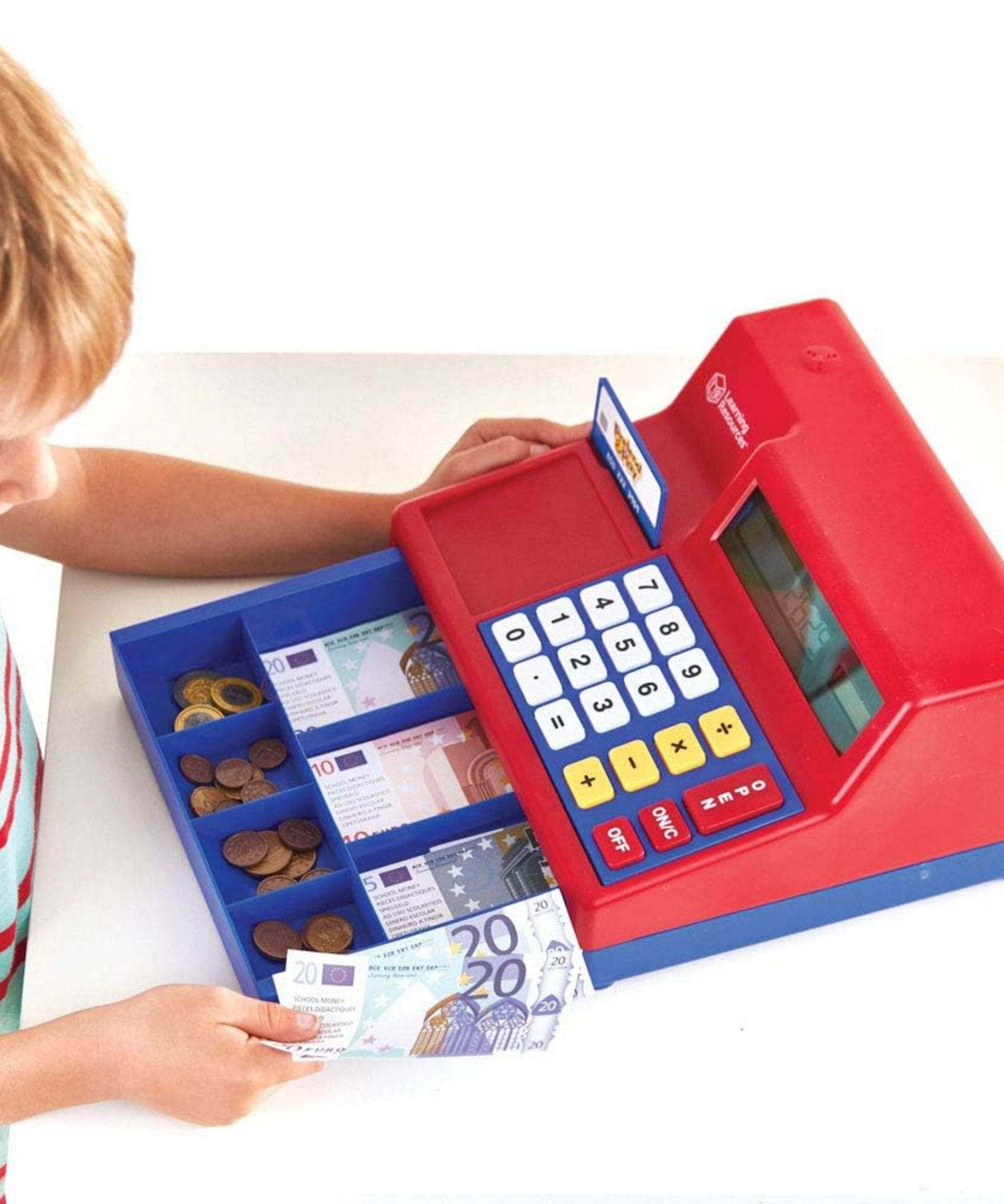 Learning Resources Pretend & Play Calculator Cash Register with Euro Money, Realistic Play Set with Solar-Powered Calculator, Includes Play Money & Activity Guide, For Ages 3+