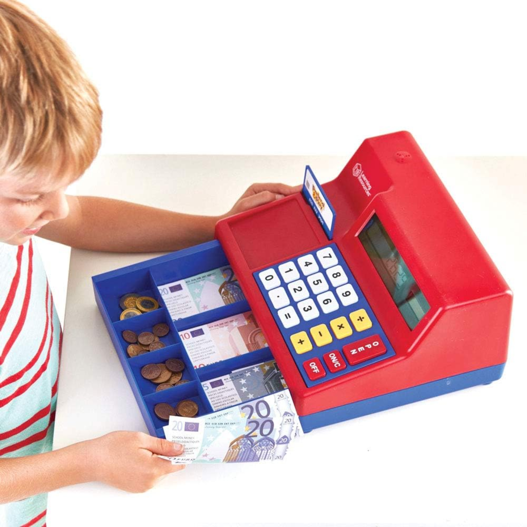Learning Resources Pretend & Play Calculator Cash Register with Euro Money, Realistic Play Set with Solar-Powered Calculator, Includes Play Money & Activity Guide, For Ages 3+