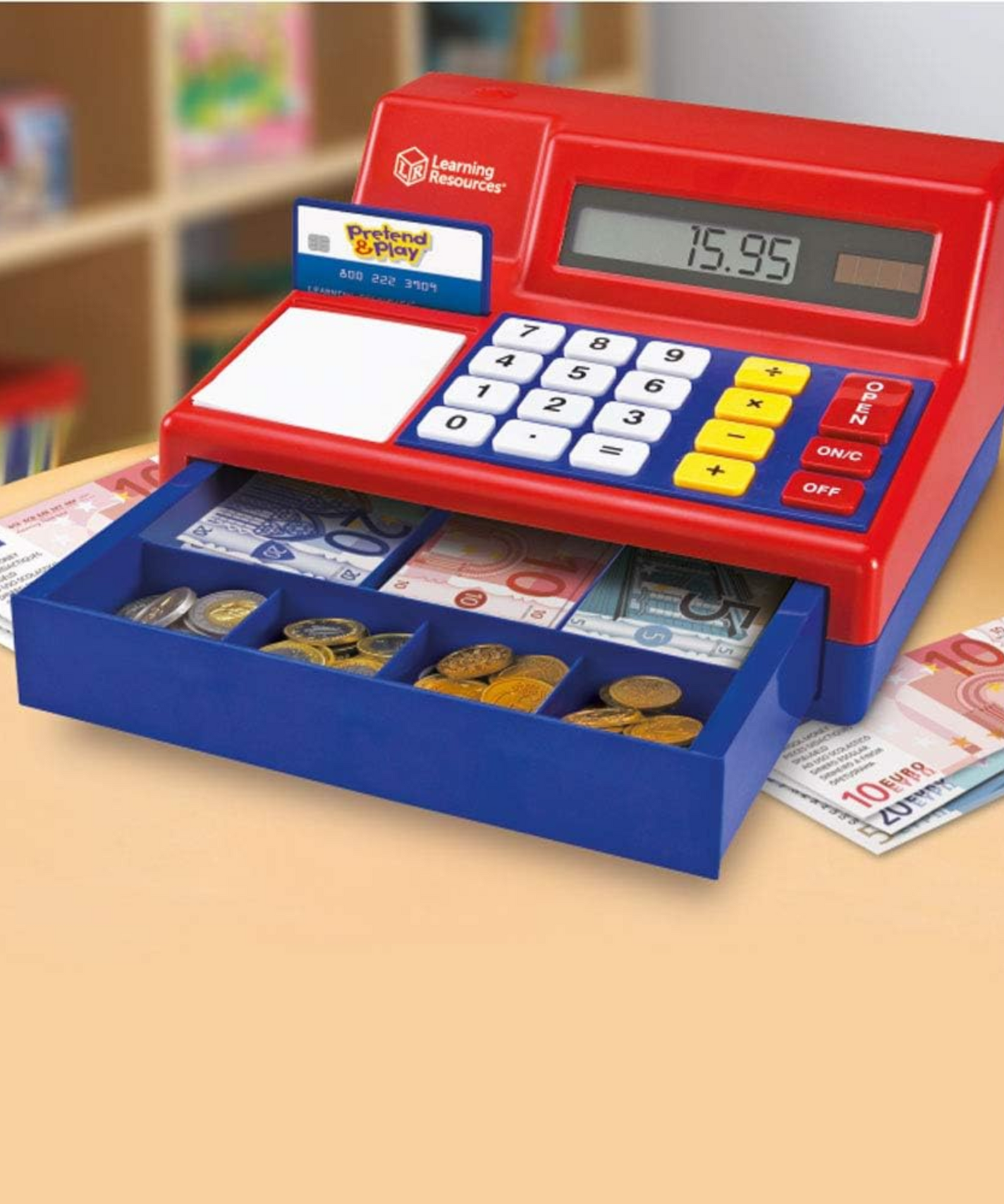 Learning Resources Pretend & Play Calculator Cash Register with Euro Money, Realistic Play Set with Solar-Powered Calculator, Includes Play Money & Activity Guide, For Ages 3+