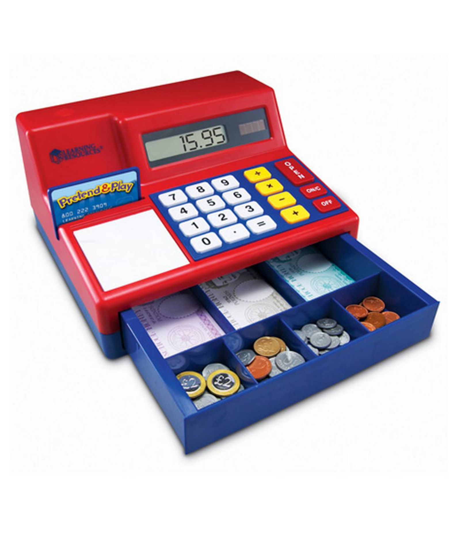 Learning Resources Pretend & Play Calculator Cash Register with Euro Money, Realistic Play Set with Solar-Powered Calculator, Includes Play Money & Activity Guide, For Ages 3+