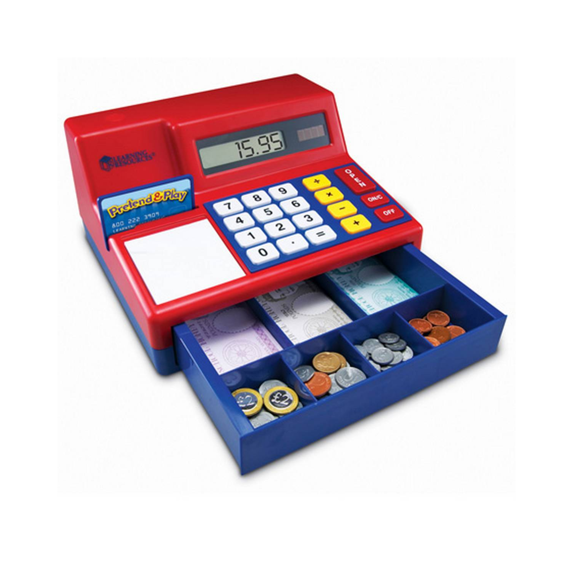Learning Resources Pretend & Play Calculator Cash Register with Euro Money, Realistic Play Set with Solar-Powered Calculator, Includes Play Money & Activity Guide, For Ages 3+