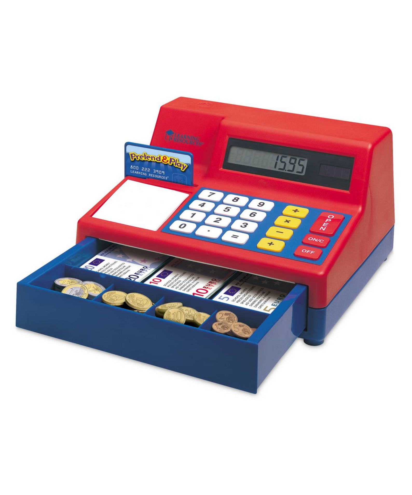 Learning Resources Pretend & Play Calculator Cash Register with Euro Money, Realistic Play Set with Solar-Powered Calculator, Includes Play Money & Activity Guide, For Ages 3+