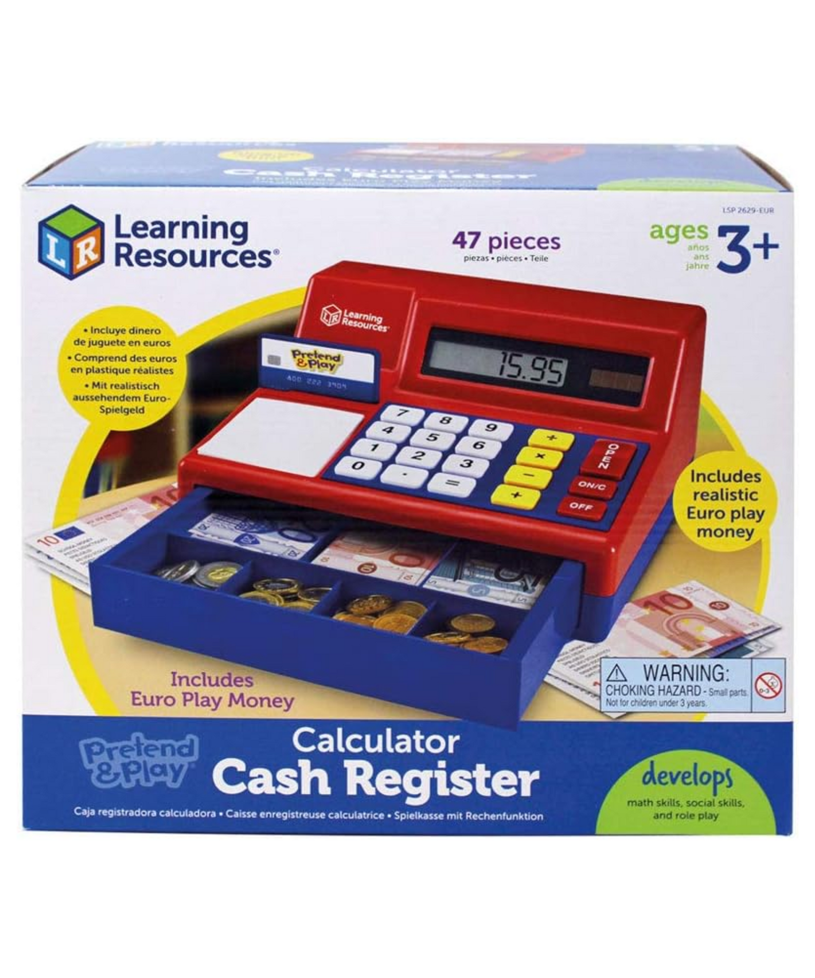 Learning Resources Pretend & Play Calculator Cash Register with Euro Money, Realistic Play Set with Solar-Powered Calculator, Includes Play Money & Activity Guide, For Ages 3+