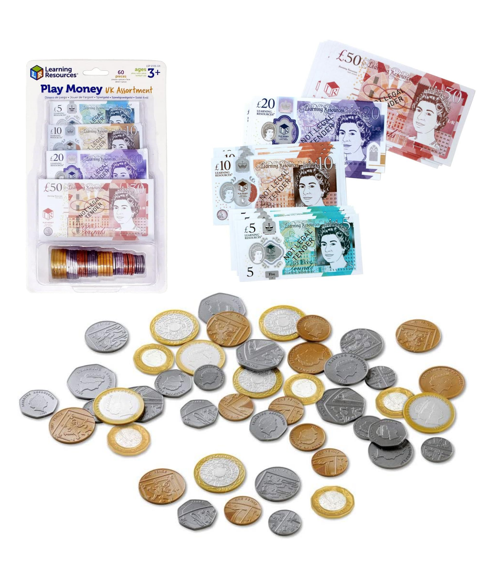 Learning Resources Play Money UK Assortment, Realistic Plastic Coins and Notes for Kids, 60-Piece Set, Includes Updated 2017 Coin Designs, Educational Money Toy for Ages 3+