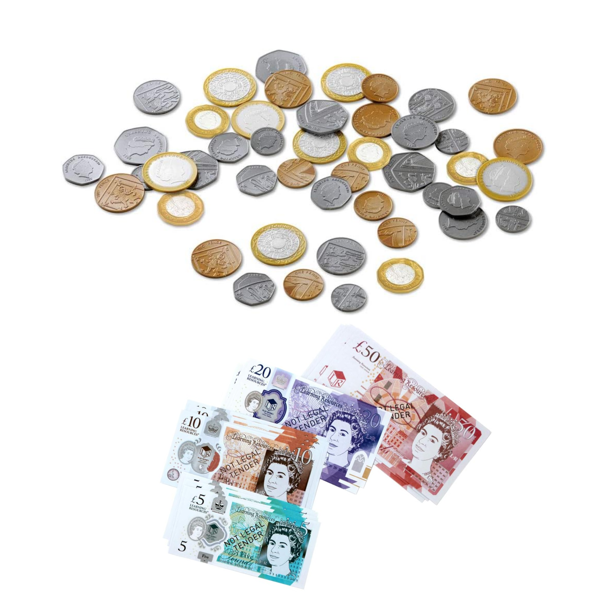Learning Resources Play Money UK Assortment, Realistic Plastic Coins and Notes for Kids, 60-Piece Set, Includes Updated 2017 Coin Designs, Educational Money Toy for Ages 3+