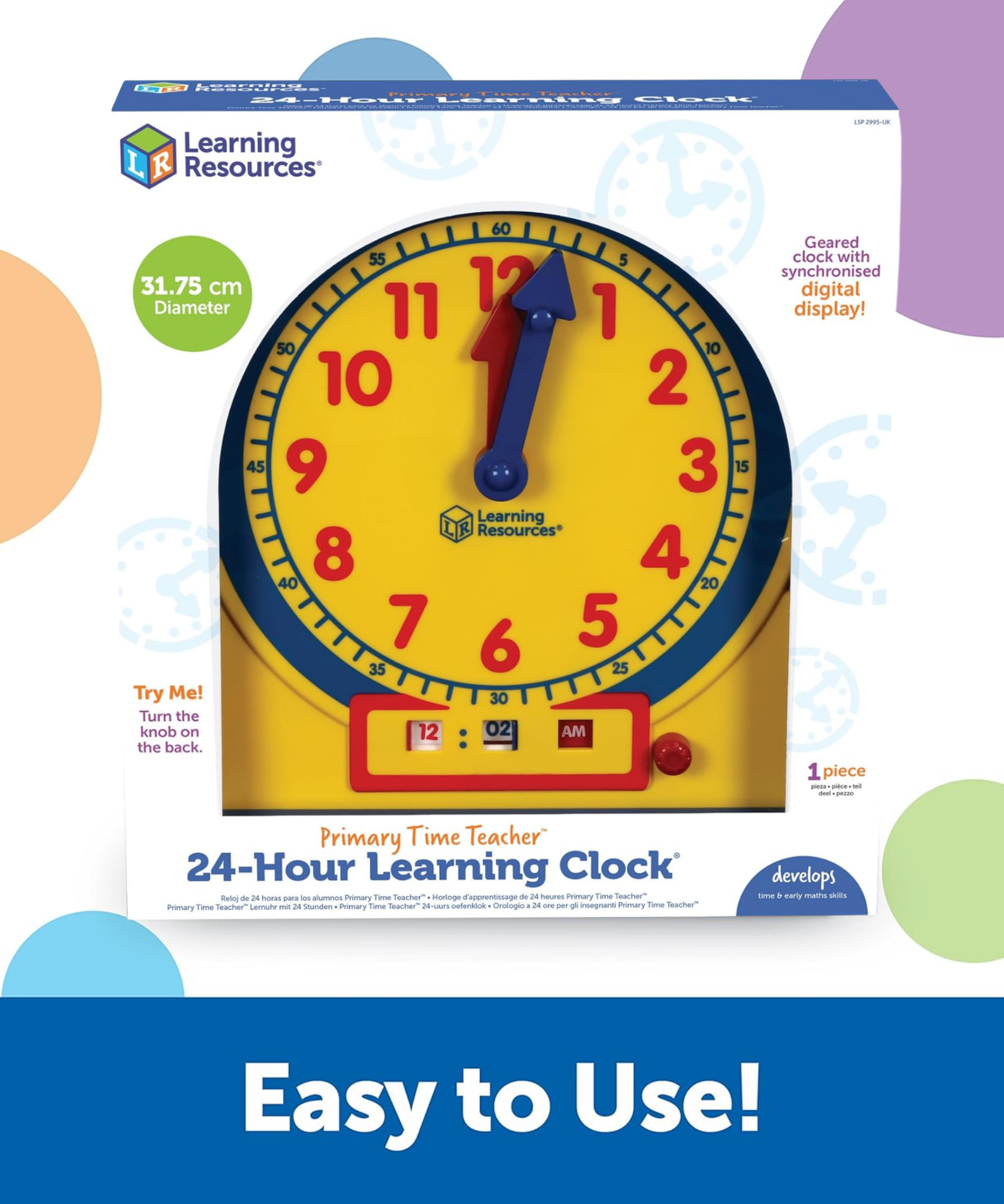 Learning Resources Prim'time Teacher Front Class 24-Hour Clock, Learn to Tell Time with Colour-Coded Hands and Digital Display, Classroom Resource, Ages 3+