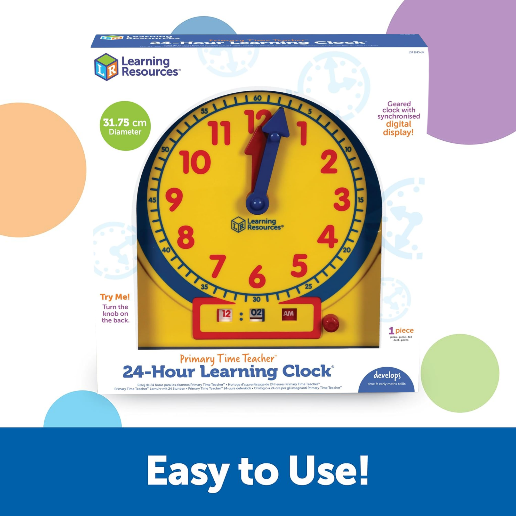 Learning Resources Prim'time Teacher Front Class 24-Hour Clock, Learn to Tell Time with Colour-Coded Hands and Digital Display, Classroom Resource, Ages 3+