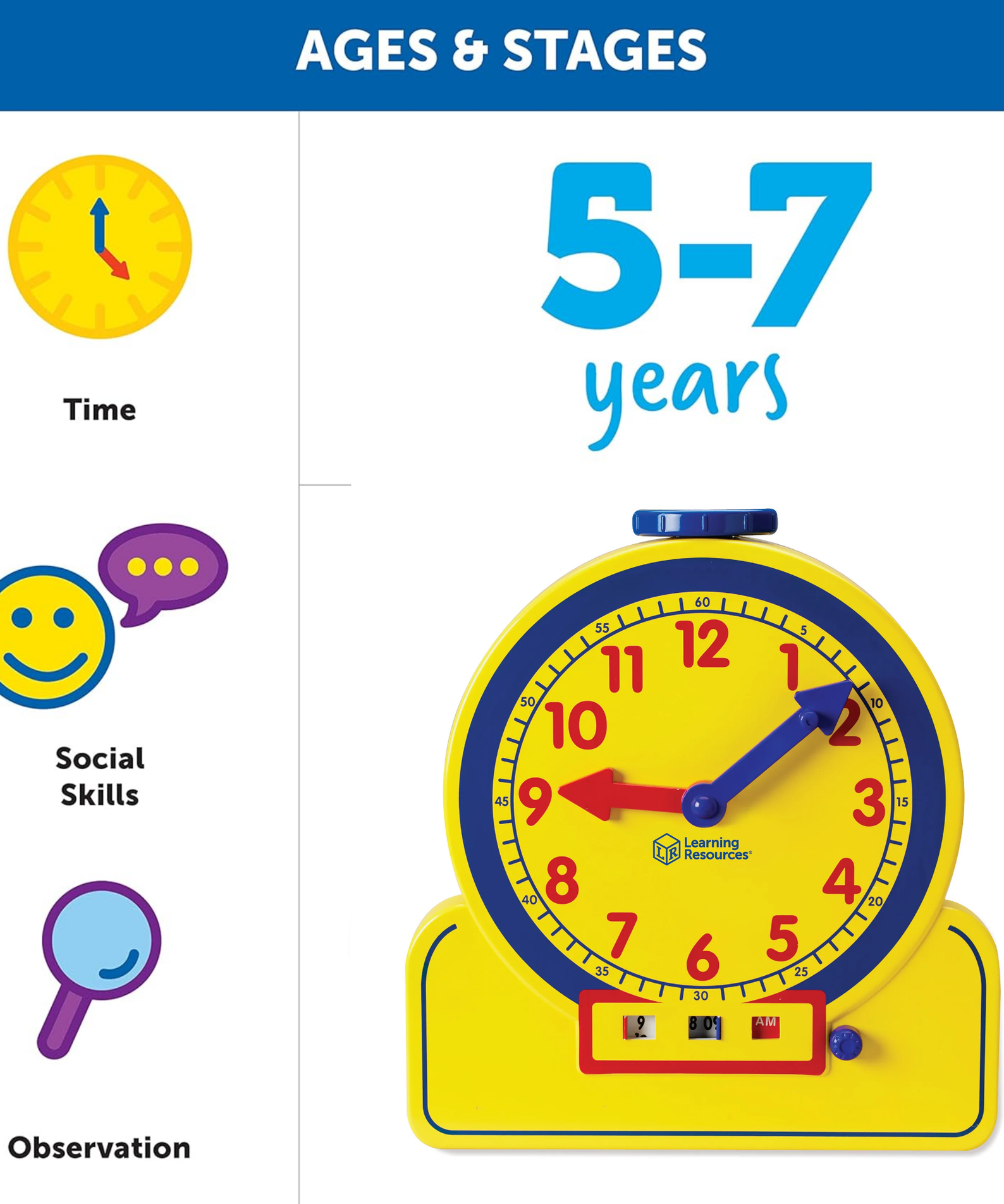 Learning Resources Prim'time Teacher Front Class 24-Hour Clock, Learn to Tell Time with Colour-Coded Hands and Digital Display, Classroom Resource, Ages 3+