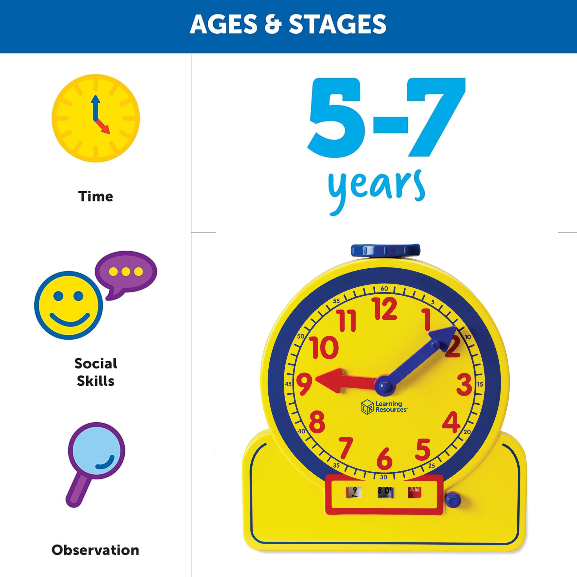 Learning Resources Prim'time Teacher Front Class 24-Hour Clock, Learn to Tell Time with Colour-Coded Hands and Digital Display, Classroom Resource, Ages 3+